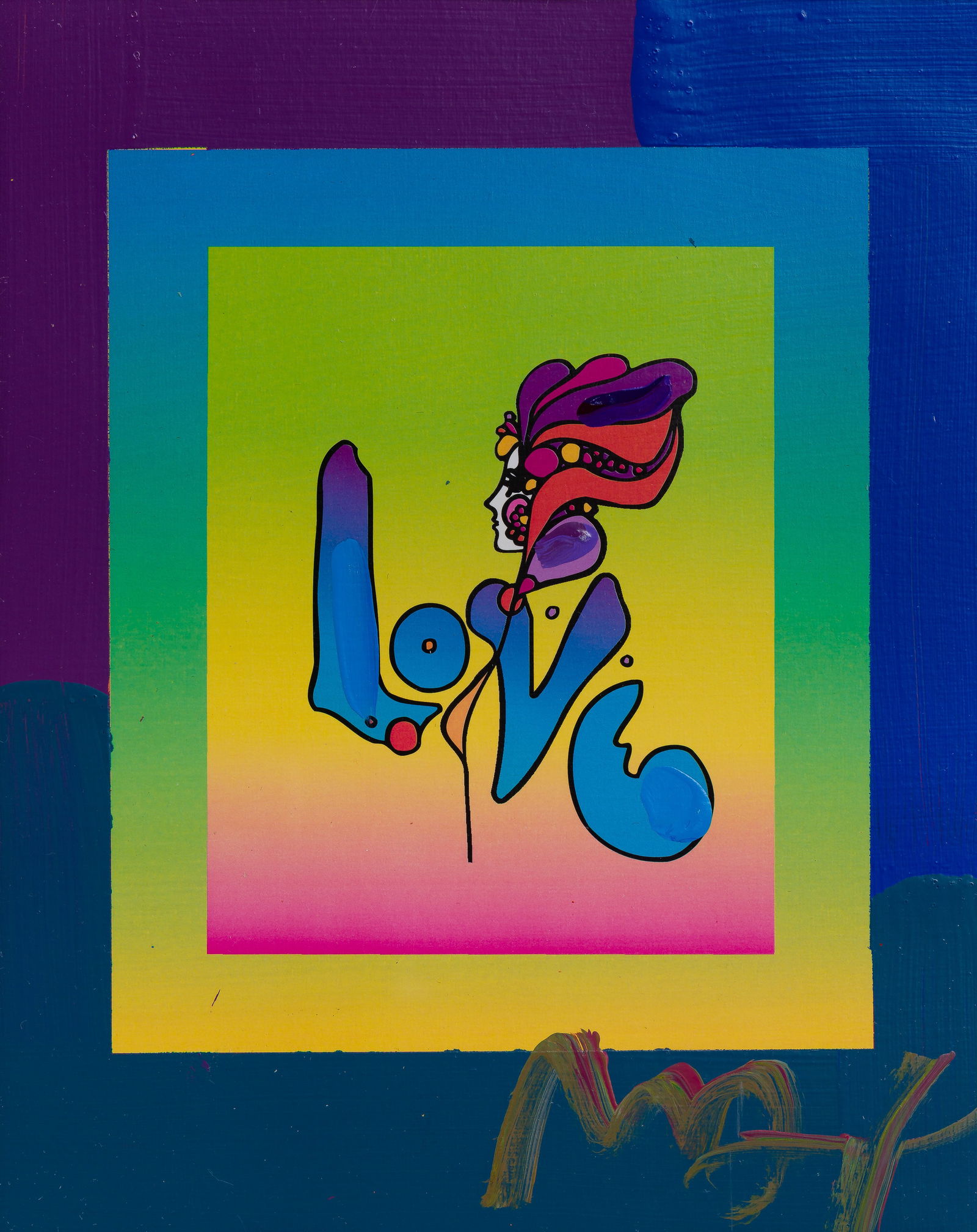 Peter Max (American, b.1937) 'Love on Blends' Mixed Media on Paper: Peter Max (American, b.1937) 'Love on Blends' Mixed Media on Paper 2006, signed, acrylic embellished lithograph, matted behind acrylic in a gold-tone wood frame having attached Park West Gallery,