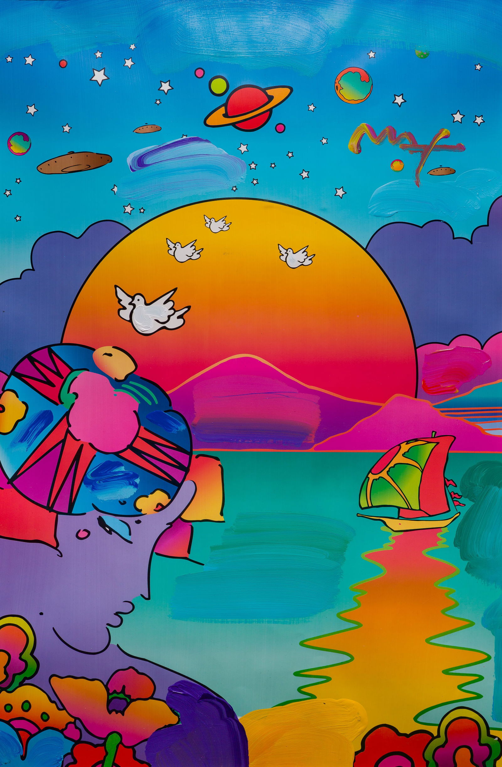 Peter Max (American, b.1937) 'New Horizon' Mixed Media on Paper: Peter Max (American, b.1937) 'New Horizon' Mixed Media on Paper 2000, signed, acrylic embellished serigraph, matted under acrylic in a painted wood frame, having paperwork Provenance: Park West