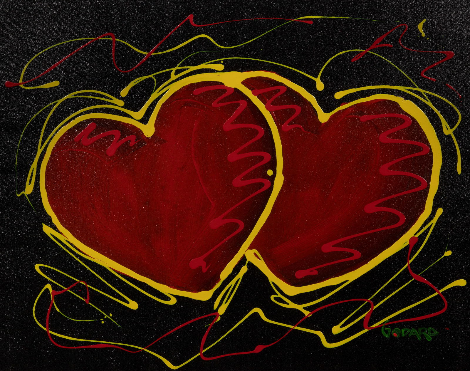 Michael Godard (American, b.1958) 'Heart of Hopes on Black' Acrylic on Canvas: Michael Godard (American, b.1958) 'Heart of Hopes on Black' Acrylic on Canvas Undated, signed, depicting two interconnected hearts, in a wood frame, having paperwork and COA Provenance: Park West Gall