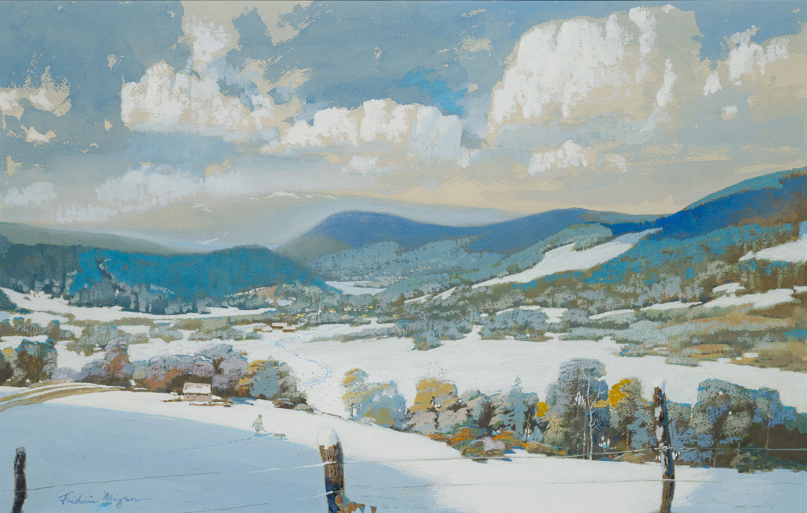 Frederic Mizen (American, 1888-1964) Watercolor on Paper: Frederic Mizen (American, 1888-1964) Watercolor on Paper Undated, signed, depicting a mountainous winter landscape, a hunter and his dog, matted under glass in a wood frame Property from: an Estate, W