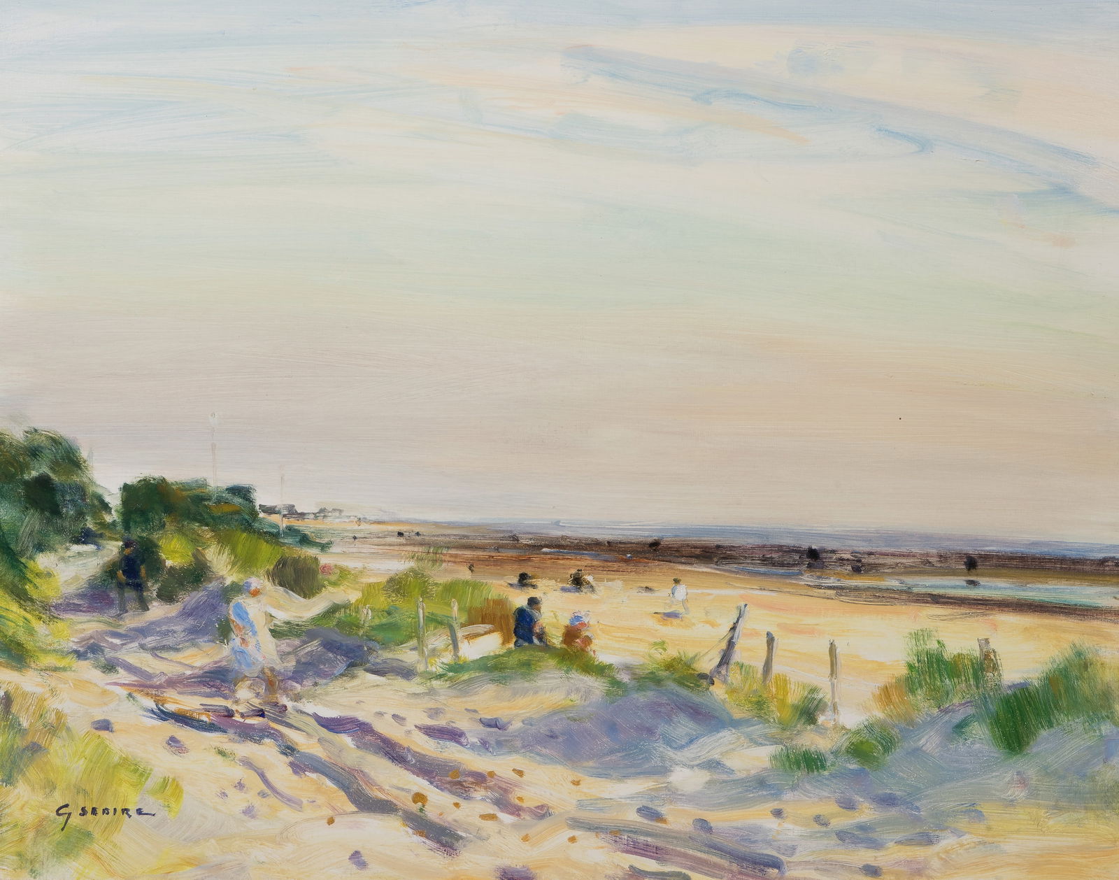 Gaston Sebire (French, 1920-2001) Oil on Canvas: Gaston Sebire (French, 1920-2001) Oil on Canvas Undated, signed lower left, depicting figures on a beach, in a gold-tone painted wood frame having a linen liner and brass artist identification label P