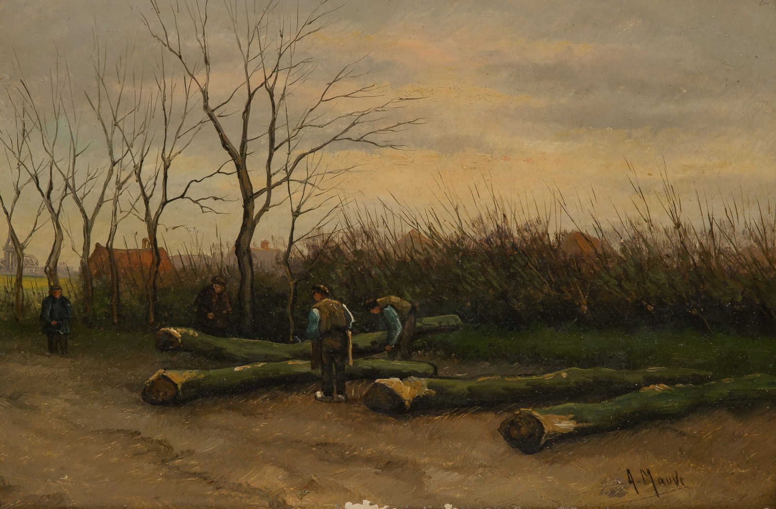 Anton Mauve (Dutch, 1838-1888) Oil on Panel: Anton Mauve (Dutch, 1838-1888) Oil on Panel Undated, signed lower right, depicting lumber workers, on a beveled walnut panel having an Old Dutch Gallery, Amsterdam foil label verso, in a gold-tone ges