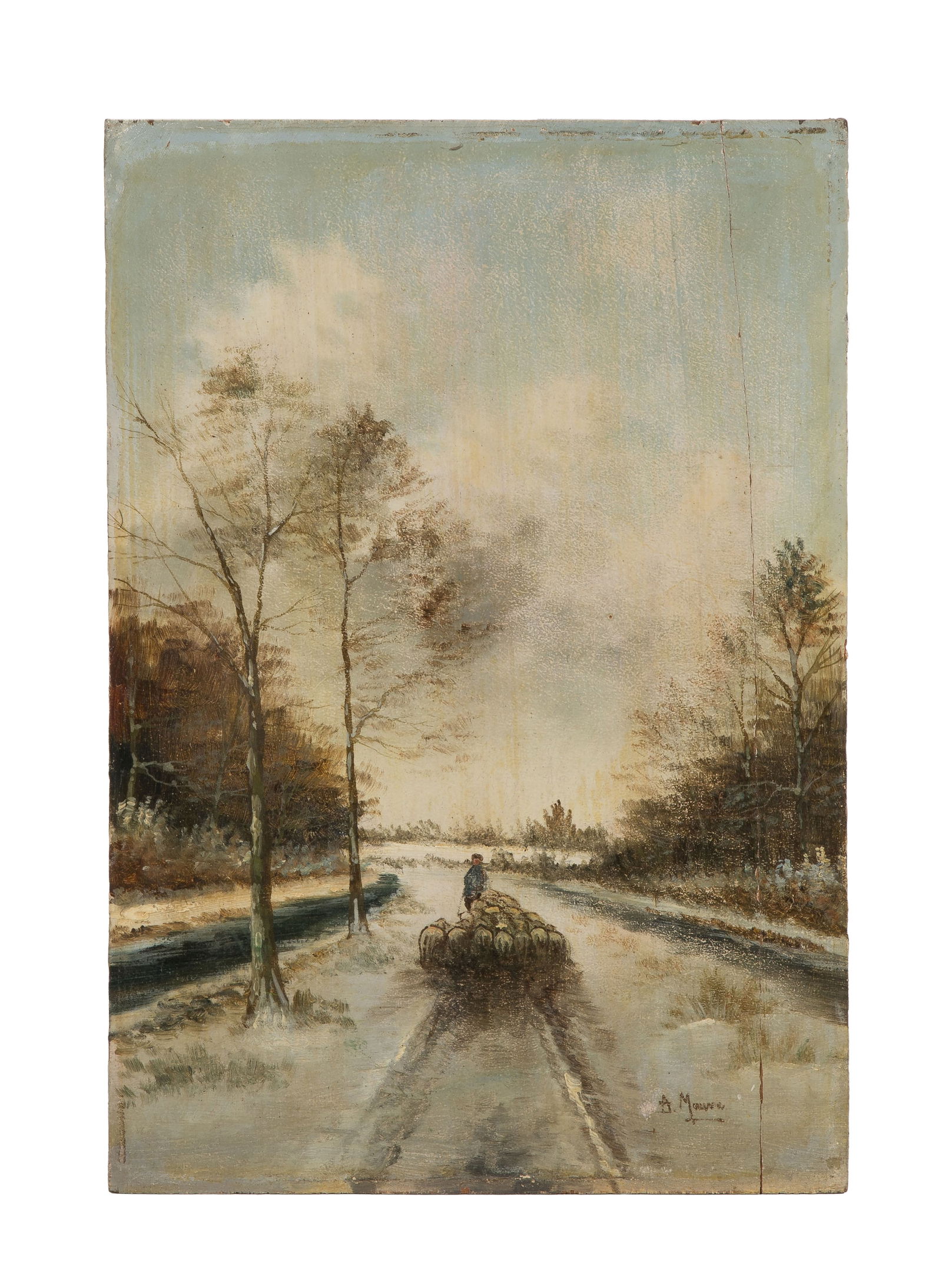 Anton Mauve (Dutch, 1838-1888) Oil on Panel: Anton Mauve (Dutch, 1838-1888) Oil on Panel Undated, signed lower right, depicting a shepherd leading sheep down a road, unframed beveled walnut panel having an Old Dutch Gallery, Amsterdam foil label
