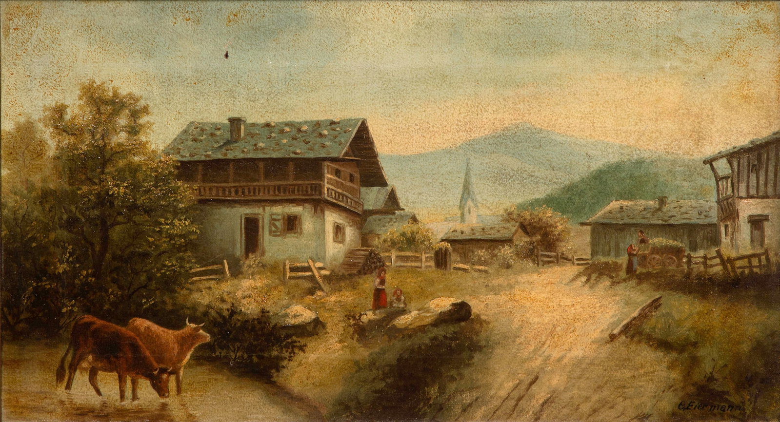 C. Eiremann (19th Century, Continental School) Oil on Canvas: C. Eiremann (19th Century, Continental School) Oil on Canvas Undated, signed lower right, depicting a pastoral scene, in a gold-tone composite on wood frame having a Kellog's Art Store, Chicago, IL la