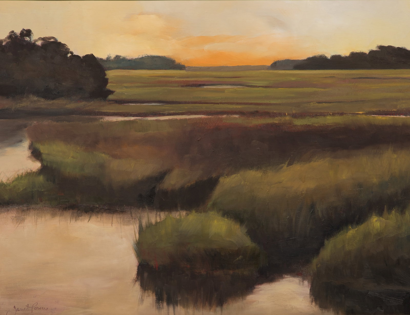 Janet Powers (American, b.1945) Oil on Board: Janet Powers (American, b.1945) Oil on Board Undated, signed lower left, depicting a stream meandering across meadow land, in a gold-tone wood frame Property from: an Estate, Evanston, Illinois Height