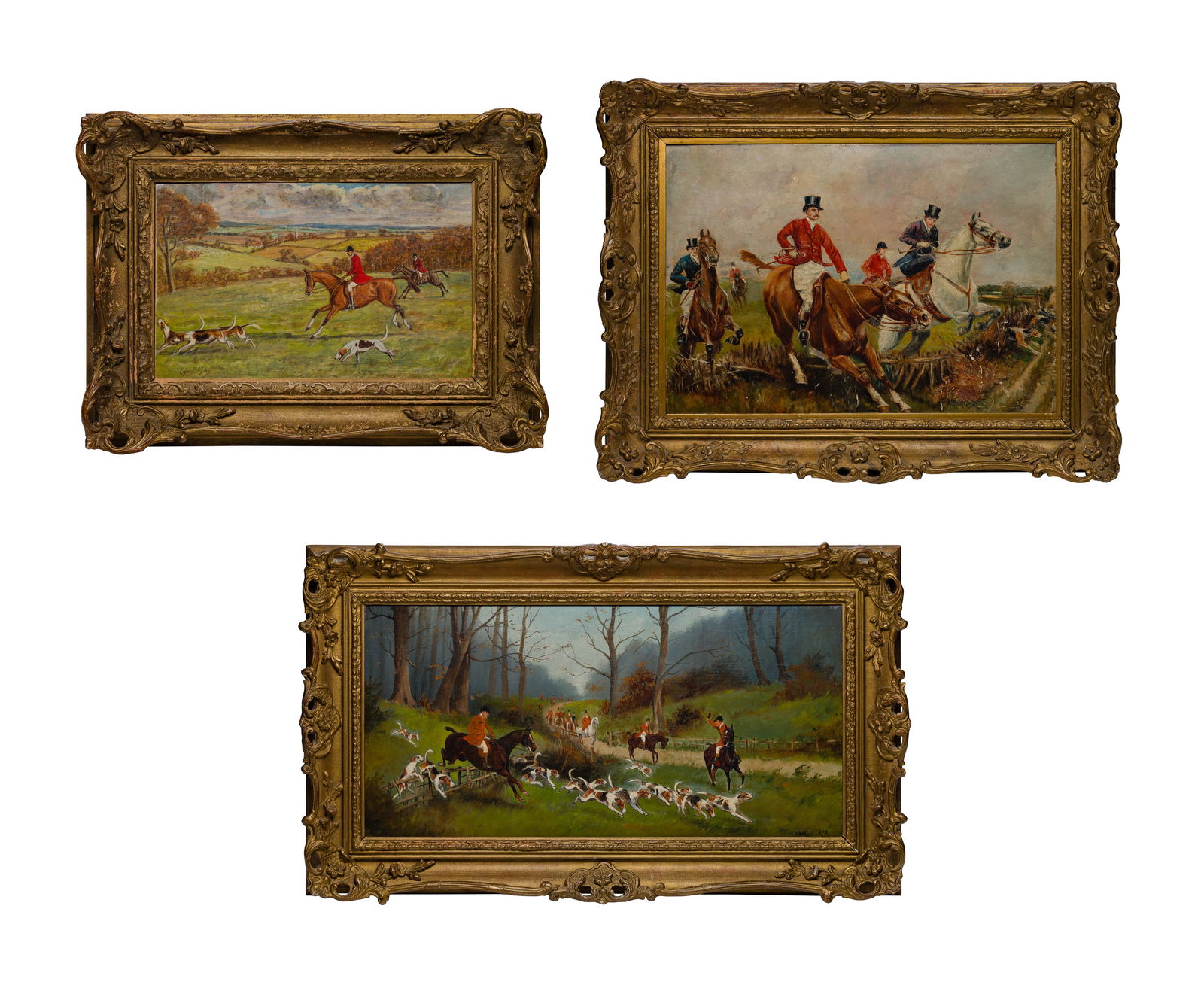 20th Century Fox Hunt Oils on Canvas: 20th Century Fox Hunt Oils on Canvas (3) items, all depicting hunt scenes, including an oil on board signed 'Cyril May', a 1906, indistinctly signed oil on canvas, and an unsigned oil on board, all in