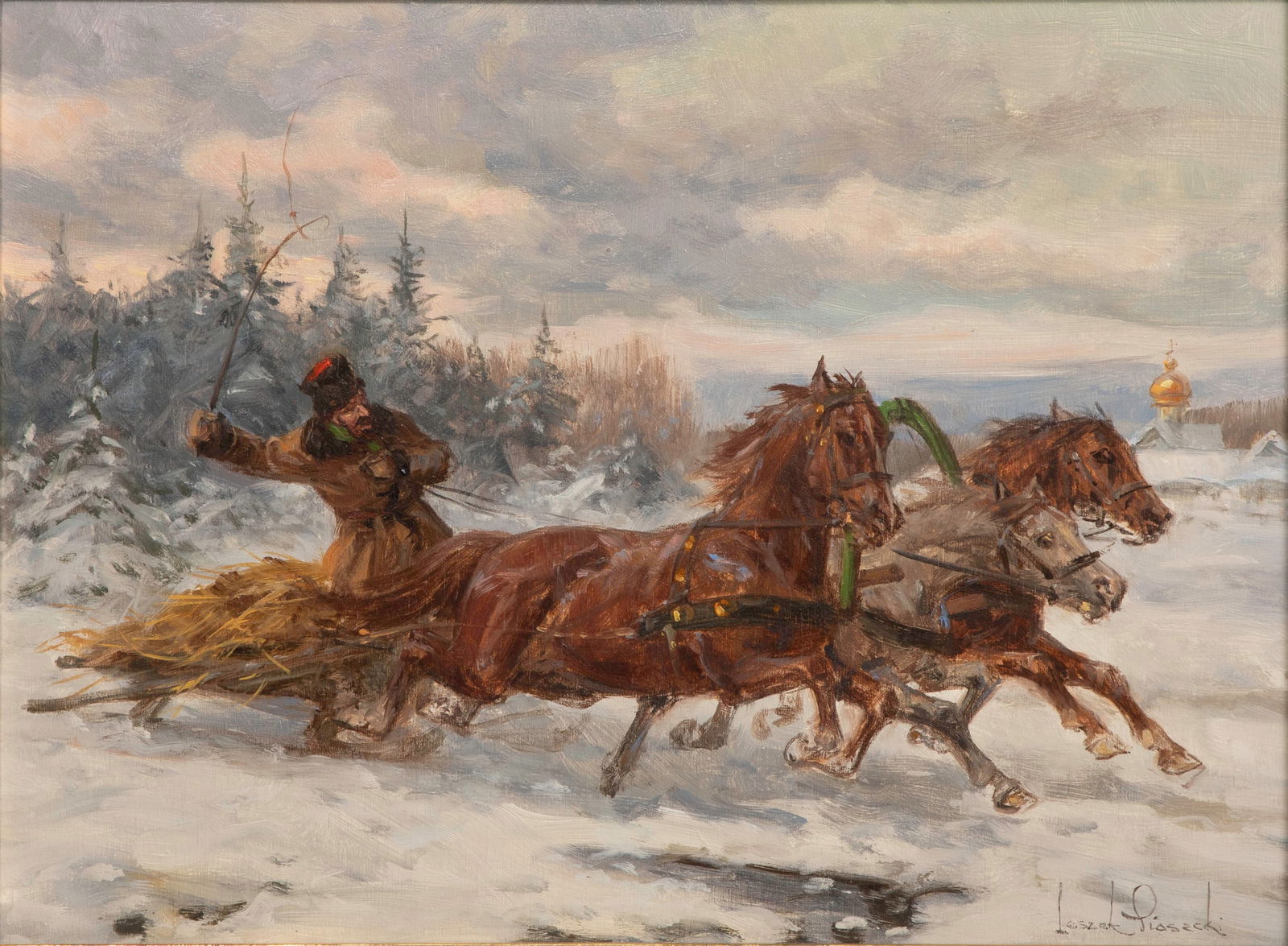 Leszek Piasecki (Polish, 1928-1990) Oil on Panel: Leszek Piasecki (Polish, 1928-1990) Oil on Panel Undated, signed lower right, depicting a man on a horse-drawn sleigh, in a gold-tone composite on wood frame having Conrad's Inc. European Antique Impo