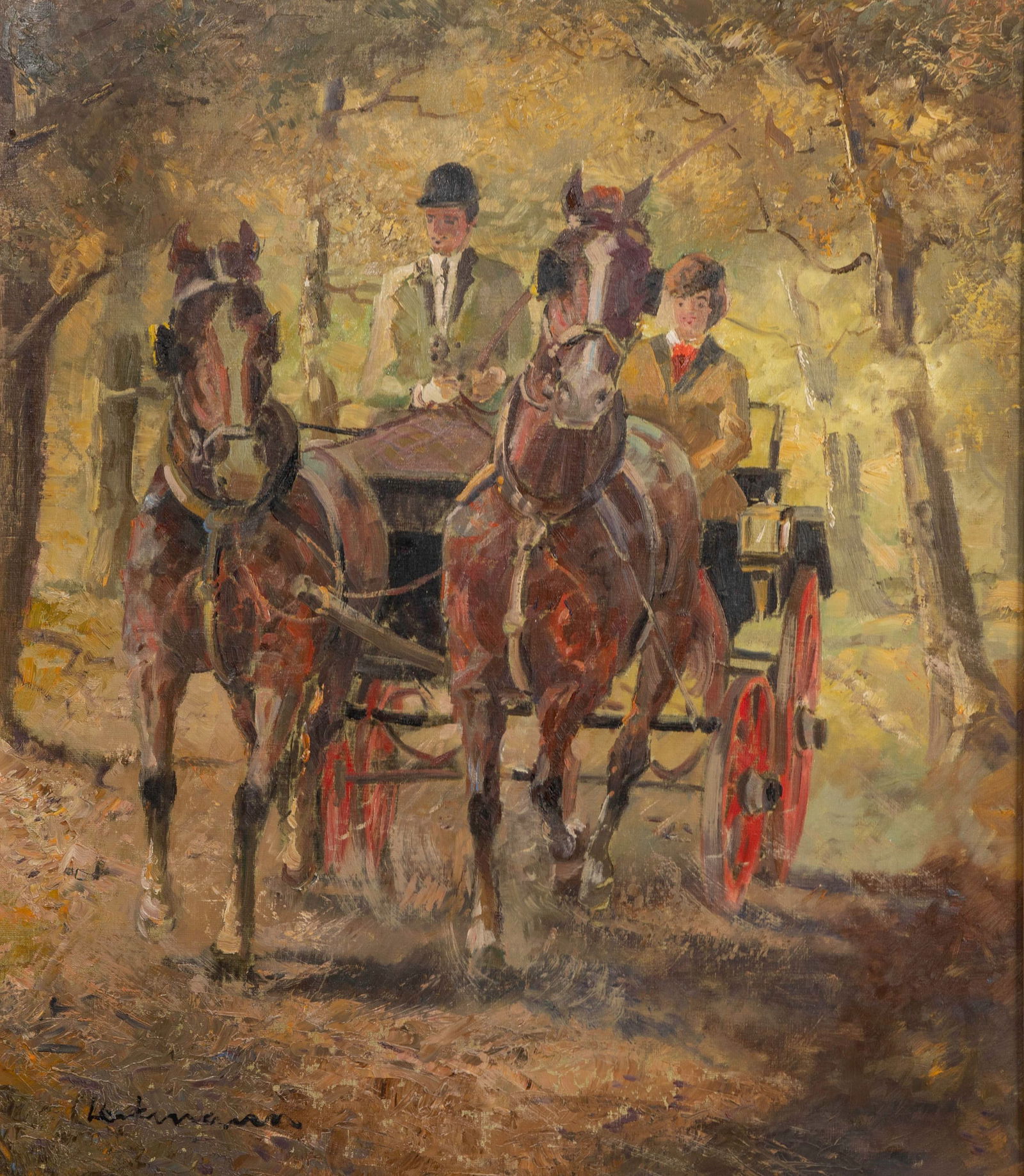 Ludwig Gschossmann (German,1894-1988) Oil on Canvas: Ludwig Gschossmann (German,1894-1988) Oil on Canvas Undated, signed lower left, depicting a horse-drawn carriage, in a gold-tone wood frame having a linen liner, biographical note verso Property from: