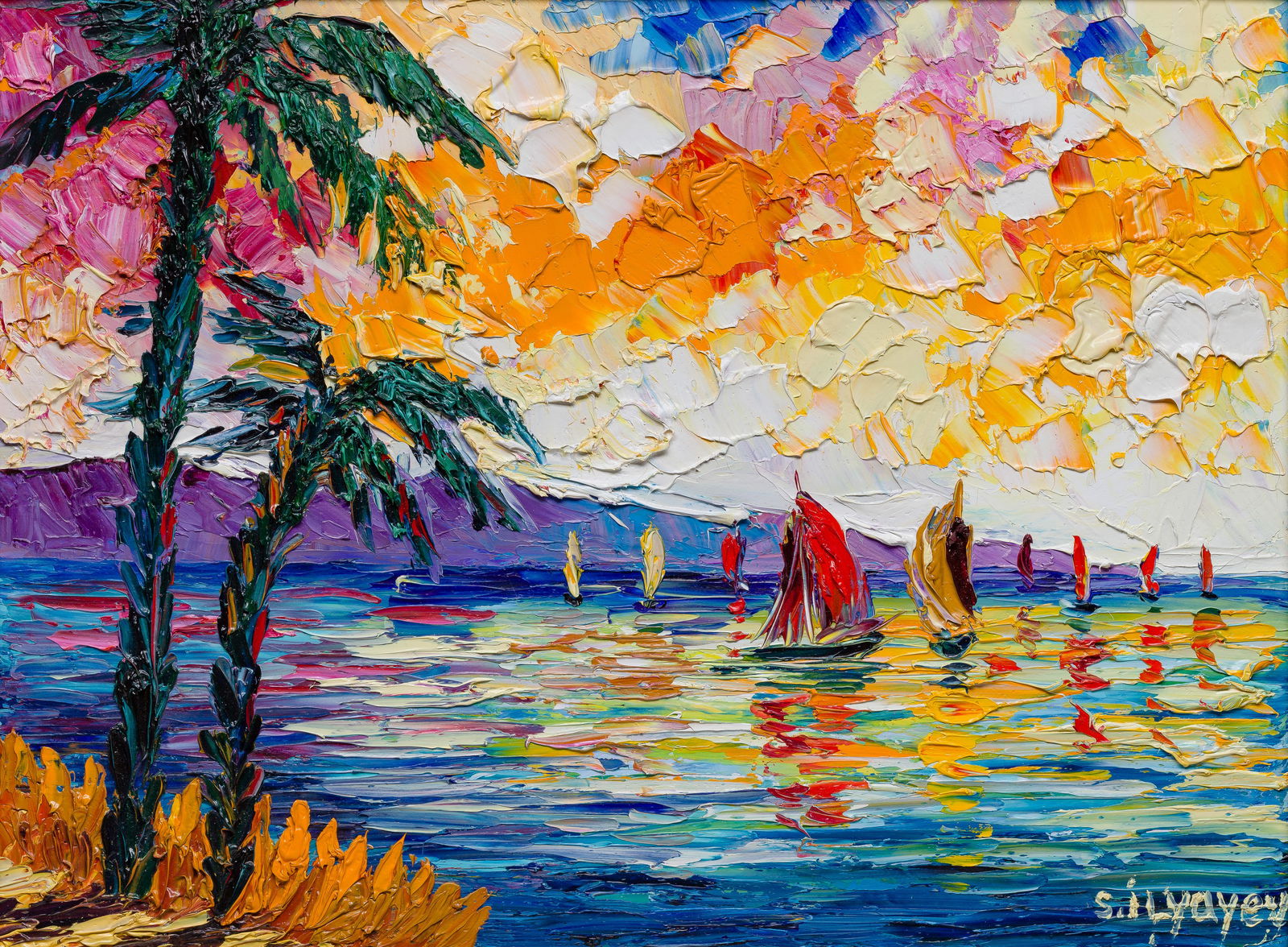 Slava Ilyyayev (Azerbaijan / Israel, b.1970) 'Set Sail' Oil on Canvas: Slava Ilyyayev (Azerbaijan / Israel, b.1970) 'Set Sail' Oil on Canvas Undated, signed, titled verso, depicting a vibrant seascape scene having palm trees and sailboats at sunset in the impasto style,