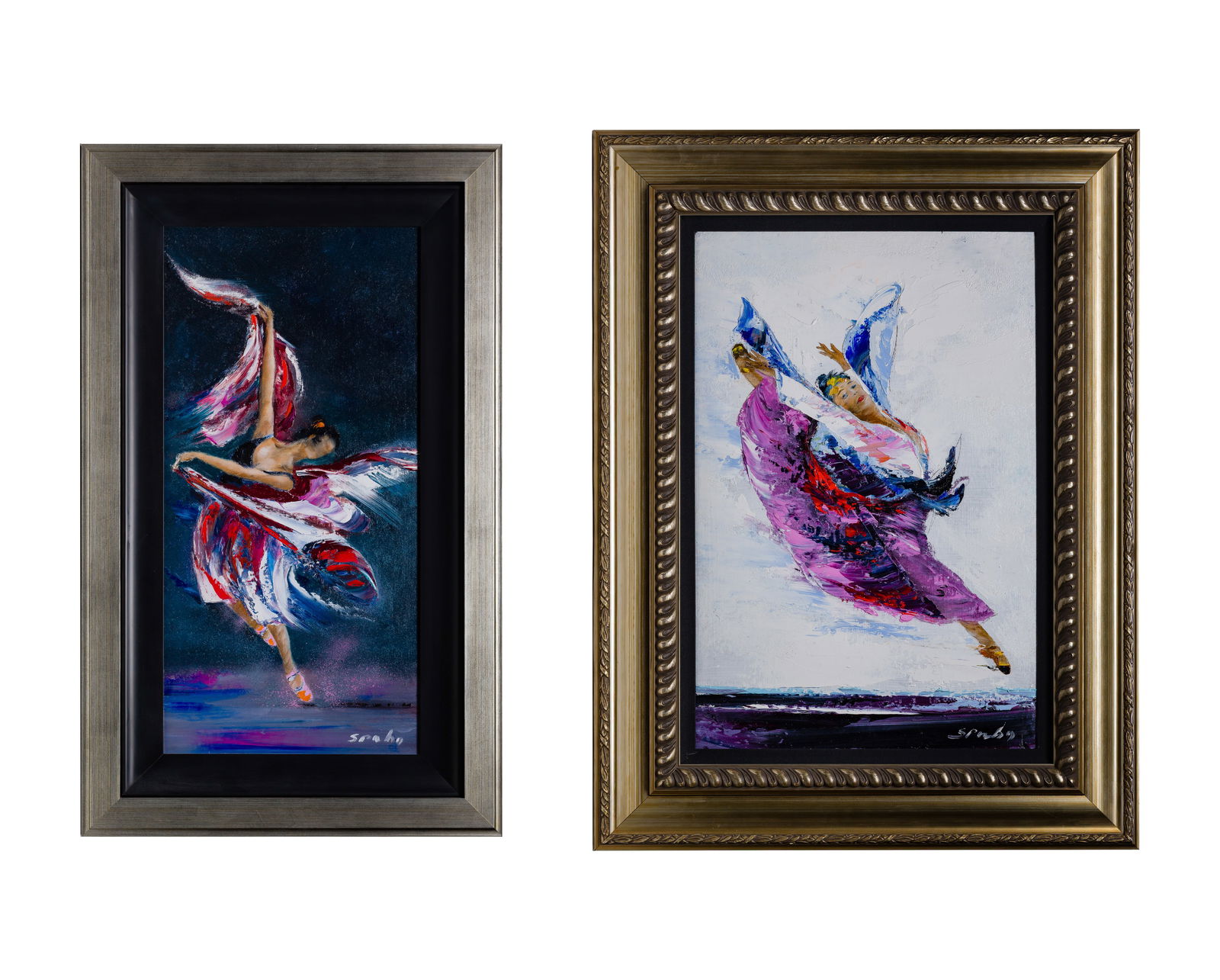 Victor Spahn (French, b.1949) Oils on Canvas: Victor Spahn (French, b.1949) Oils on Canvas (2) items, both signed, including 2015 'Swept Away' and 2013 'Dance in Motion' depicting dancers, in gold-tone wood frames, COAs Provenance: Park West Gall