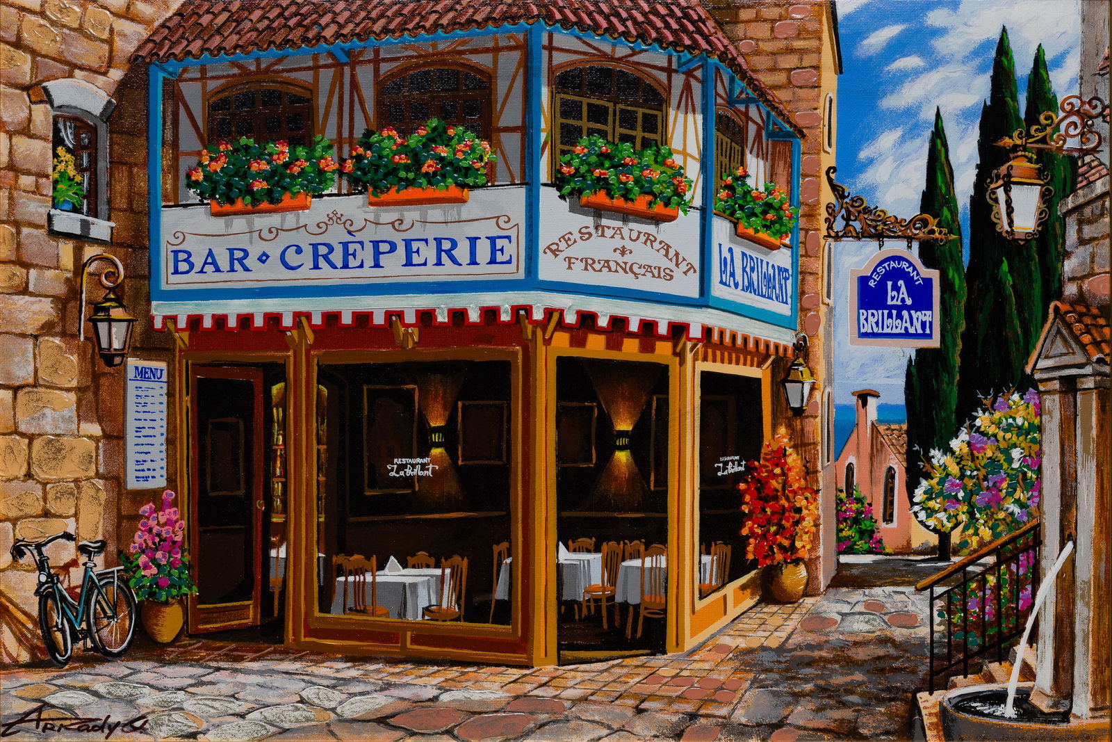 Arkady Ostritsky (Russian, 1929-2002) 'La Brilliant' Serigraph: Arkady Ostritsky (Russian, 1929-2002) 'La Brilliant' Serigraph (2) total items including a 2000 hand embellished serigraph depicting a store front in France, matted under acrylic in a gold-tone painte