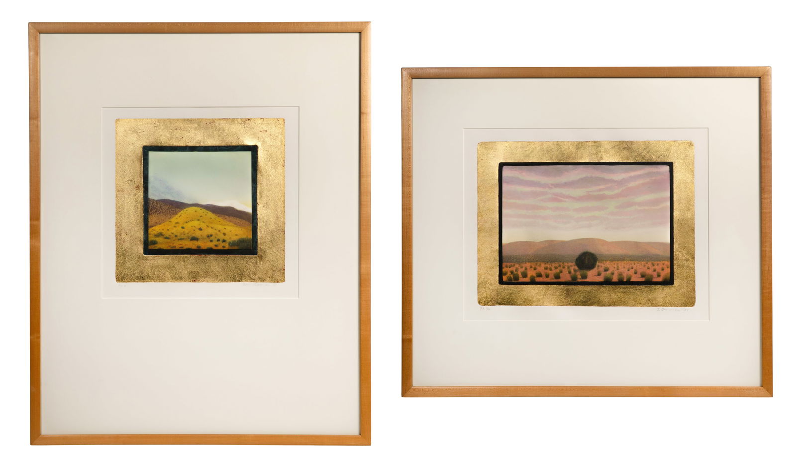 John Beerman (American, b.1958) Etchings: John Beerman (American, b.1958) Etchings (2) items including 1991 'Red Hills', signed and P.P. 10/10 and 1989 'Hills' mono-type signed and P.P #1, both bordered by hand gilded gold leaf, matted under