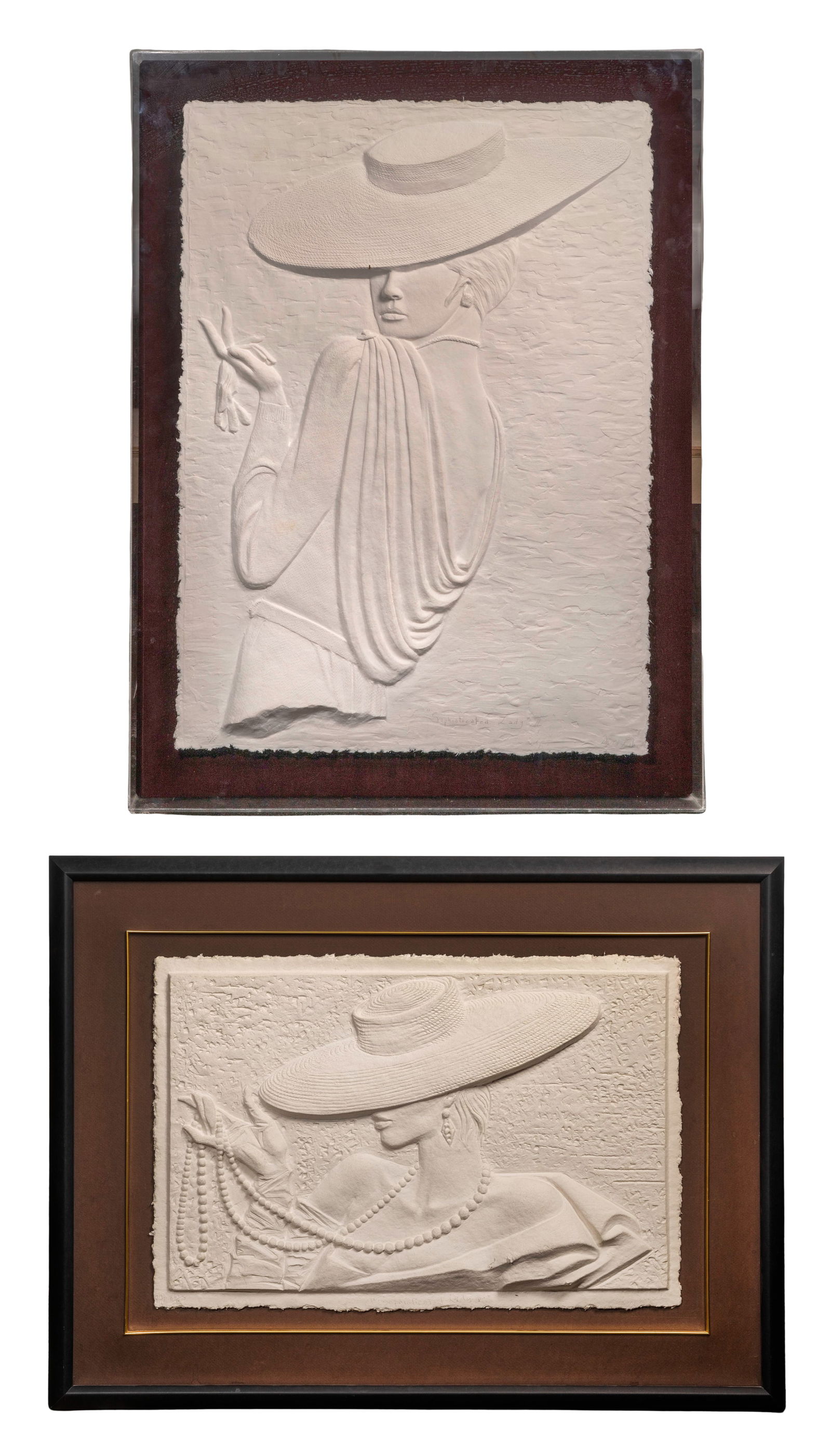 David Fisher (American, 20th Century) Cast Paper Reliefs: David Fisher (American, 20th Century) Cast Paper Reliefs (2) undated, signed reliefs, including 'Sophisticated Lady II' #205/1000 in acrylic display frame and 'Sophisticated Lady V' #869/1000,