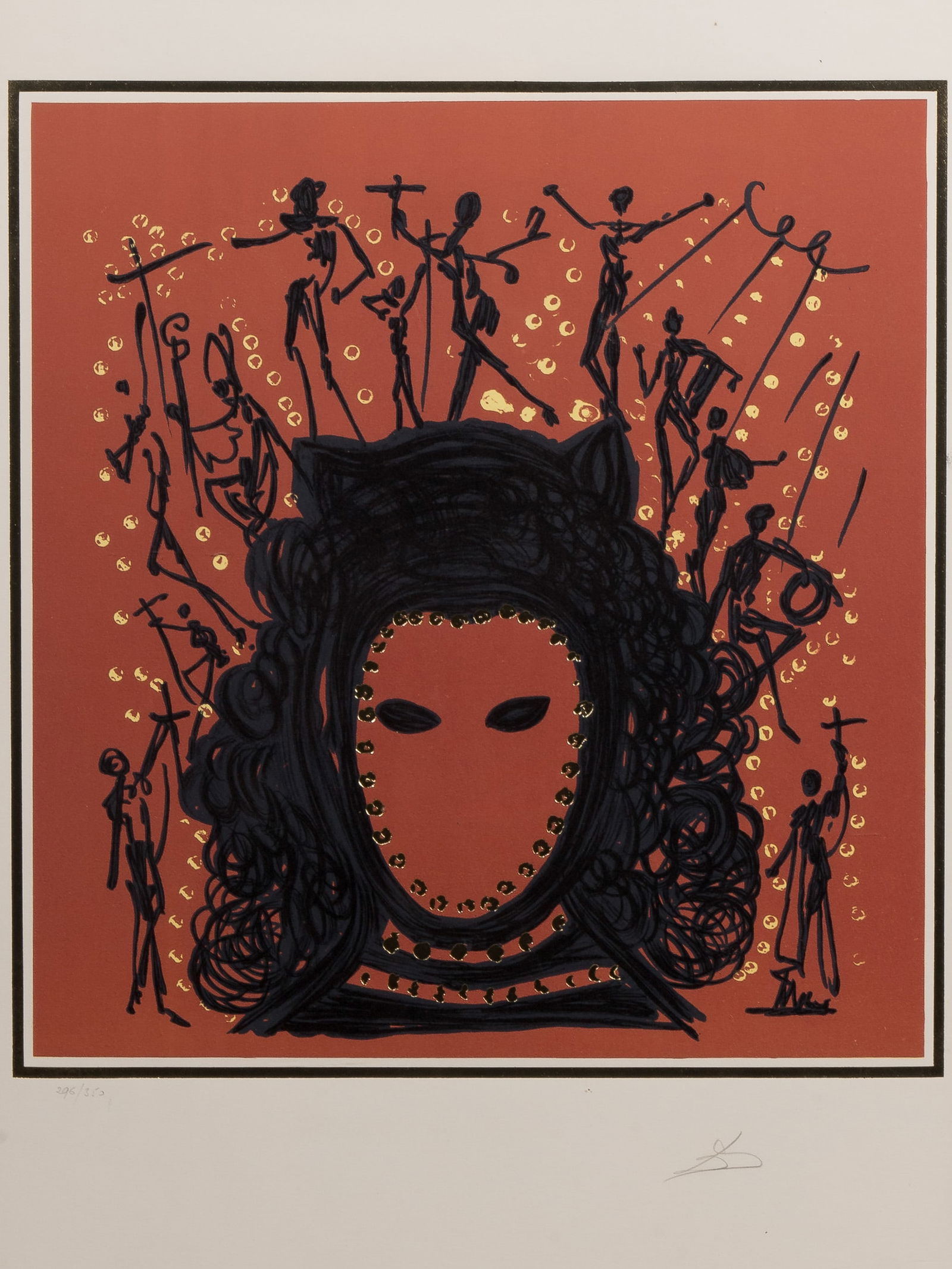 Salvador Dali (Spanish, 1904-1989) 'The Watcher' Lithograph: Salvador Dali (Spanish, 1904-1989) 'The Watcher' Lithograph 1972, pencil signed, #296/350, imprinted gold foil on lithograph depicting a masked head surrounded by figures, full sheet float mounted in