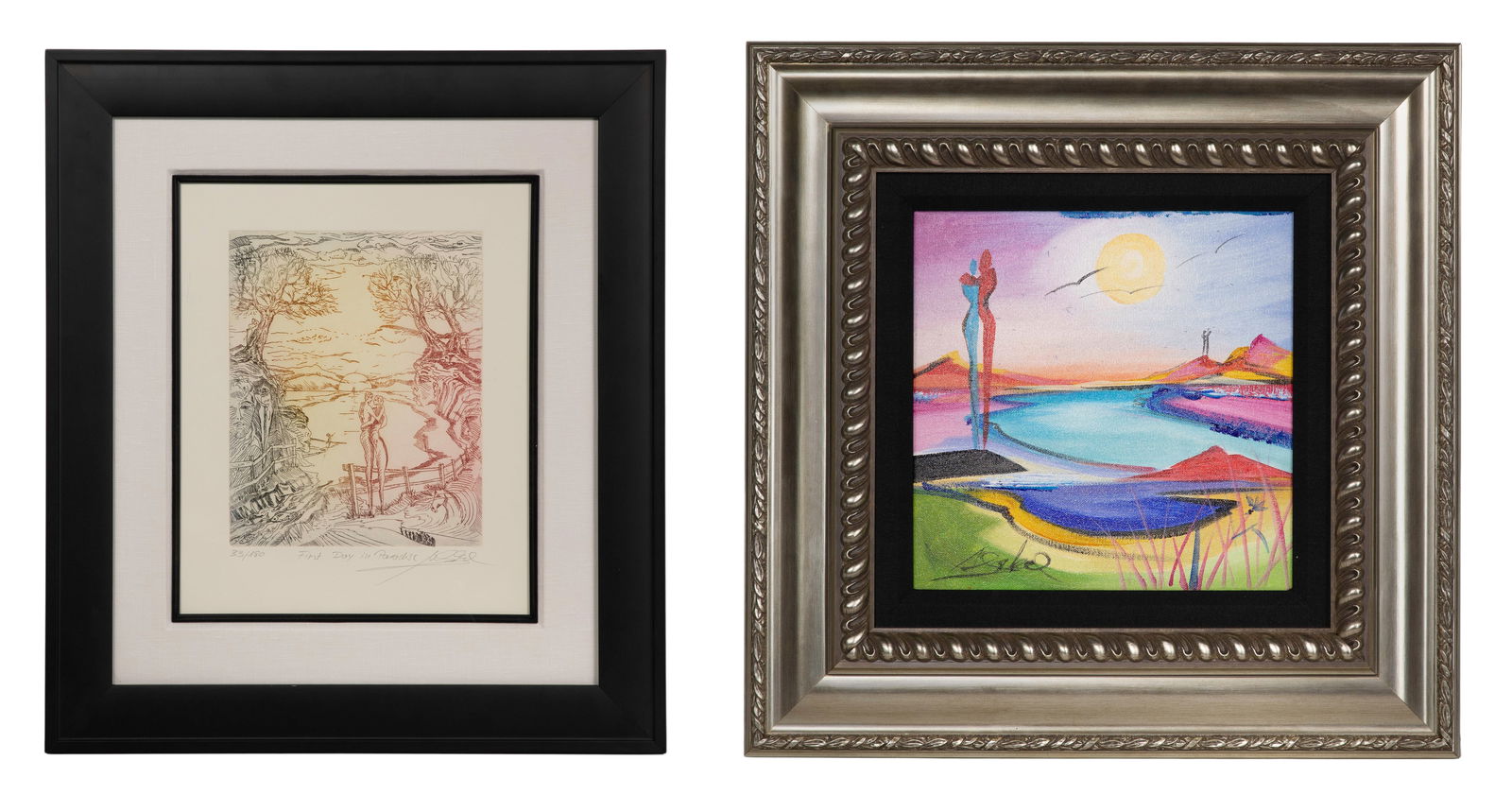 Alfred Gockel (German, b.1952) Artworks: Alfred Gockel (German, b.1952) Artworks (2) undated items, both signed and titled verso, including an acrylic on canvas 'Watching the Tide' depicting two figures embracing, in a silver-tone painted wo