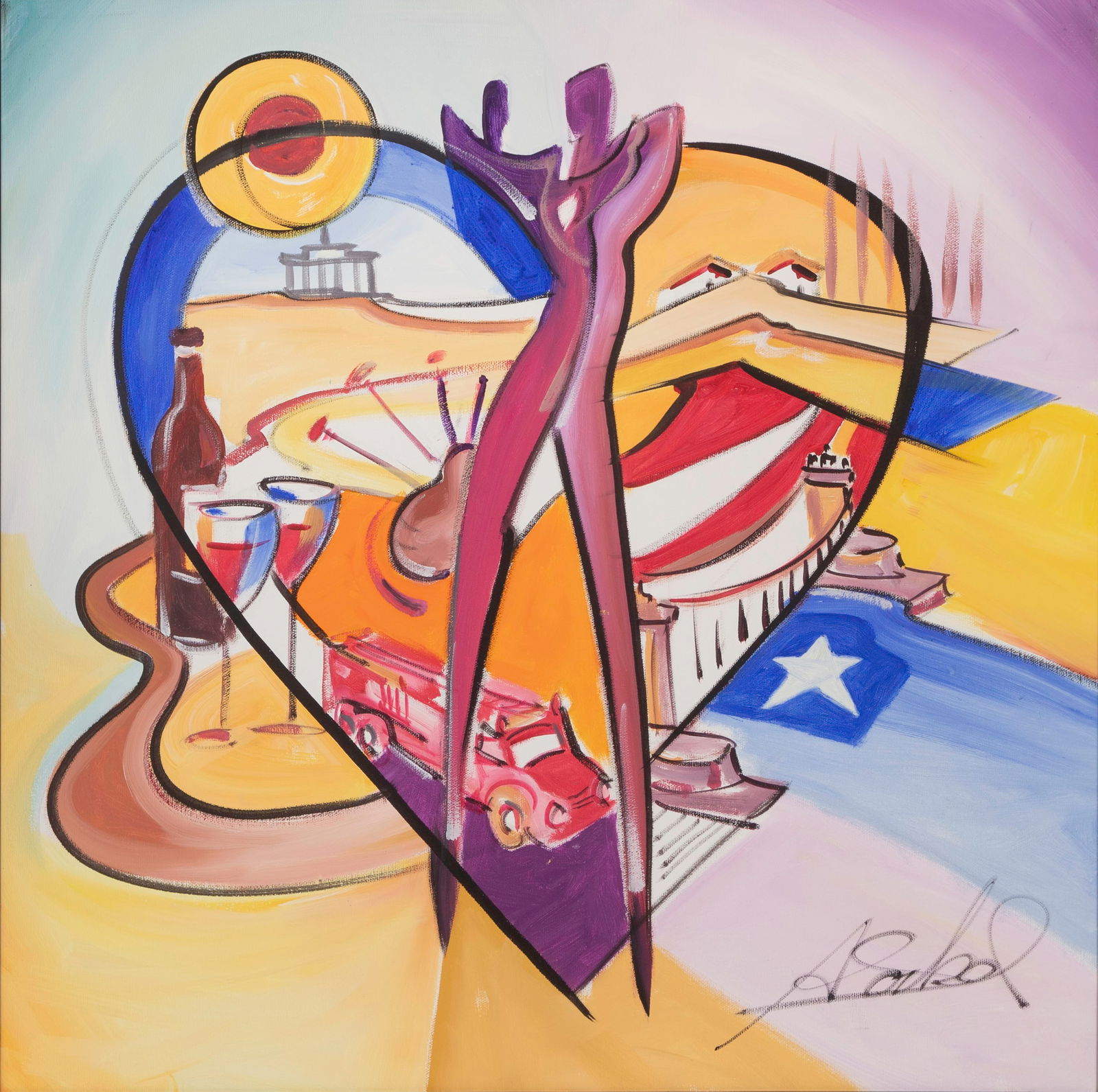 Alfred Gockel (German, b.1952) 'View of Bells Travels' Acrylic on Canvas: Alfred Gockel (German, b.1952) 'View of Bells Travels' Acrylic on Canvas 2007, signed, title and notations verso, an abstract depicting a heart shape, wine glasses, a bottle, truck and a prominent fig