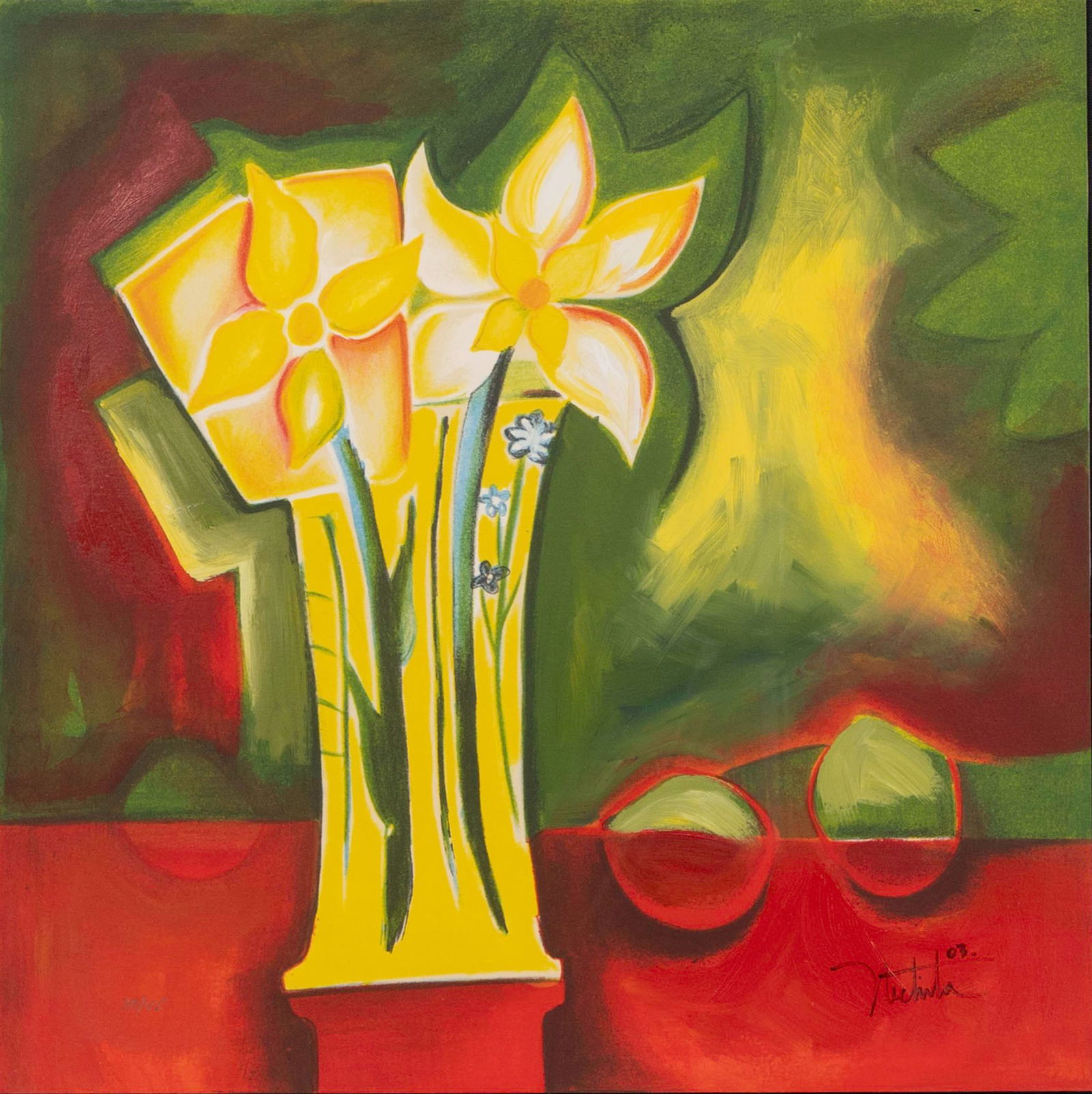 Alexandra Nechita (American / Romanian, b.1985) 'Yesterday's Seed' Lithograph: Alexandra Nechita (American / Romanian, b.1985) 'Yesterday's Seed' Lithograph 2003, signed, #38/45, hand colored lithograph depicting a yellow flower, float matted under acrylic in a gold-tone and bla