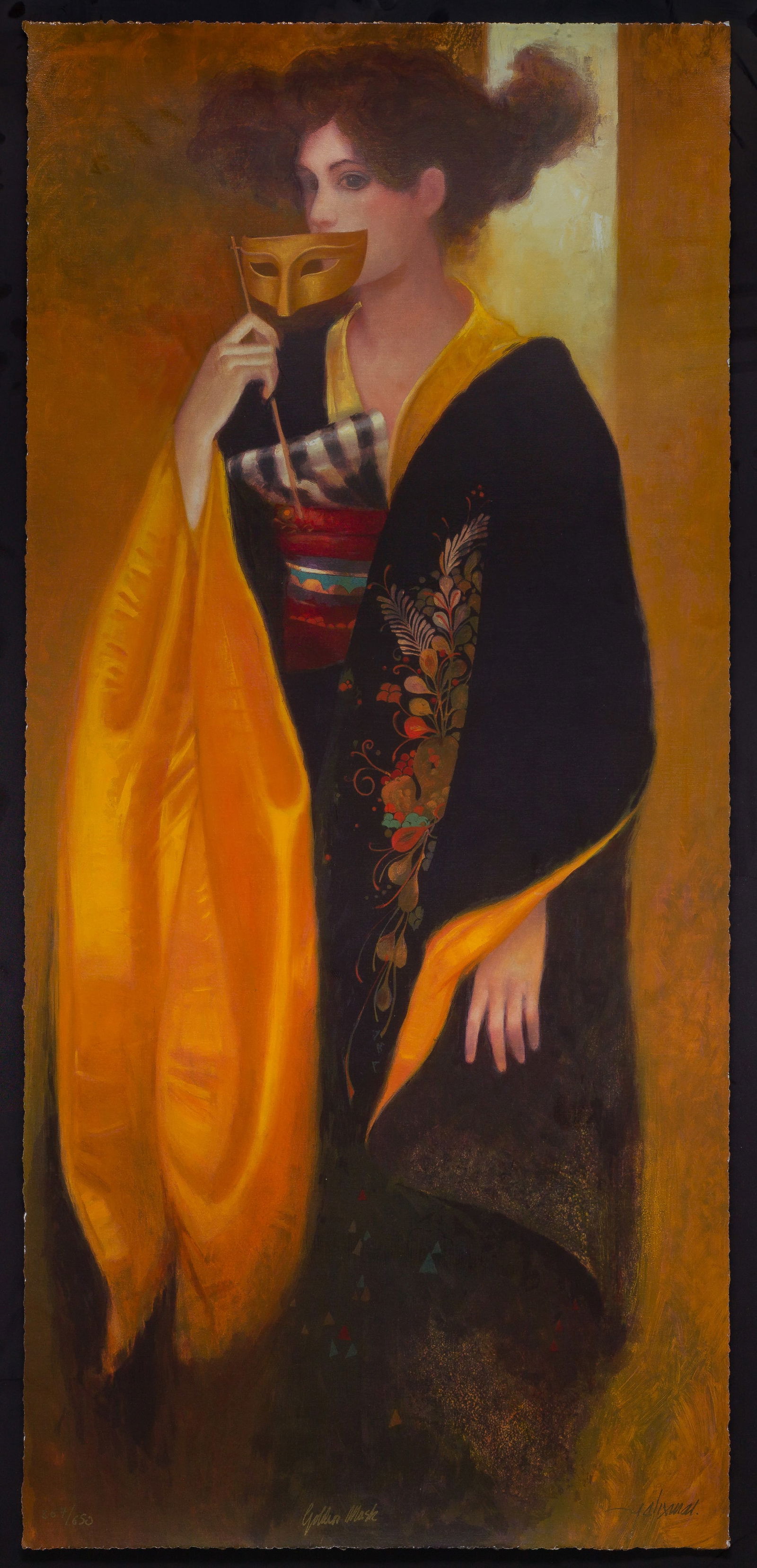 Felix Mas (American, b.1935) 'Golden Mask' Serigraph: Felix Mas (American, b.1935) 'Golden Mask' Serigraph (2) total items including an undated, signed Mas serigraph, #264/650, depicting a woman holding a mask, in a two-tone wood frame; together with a M