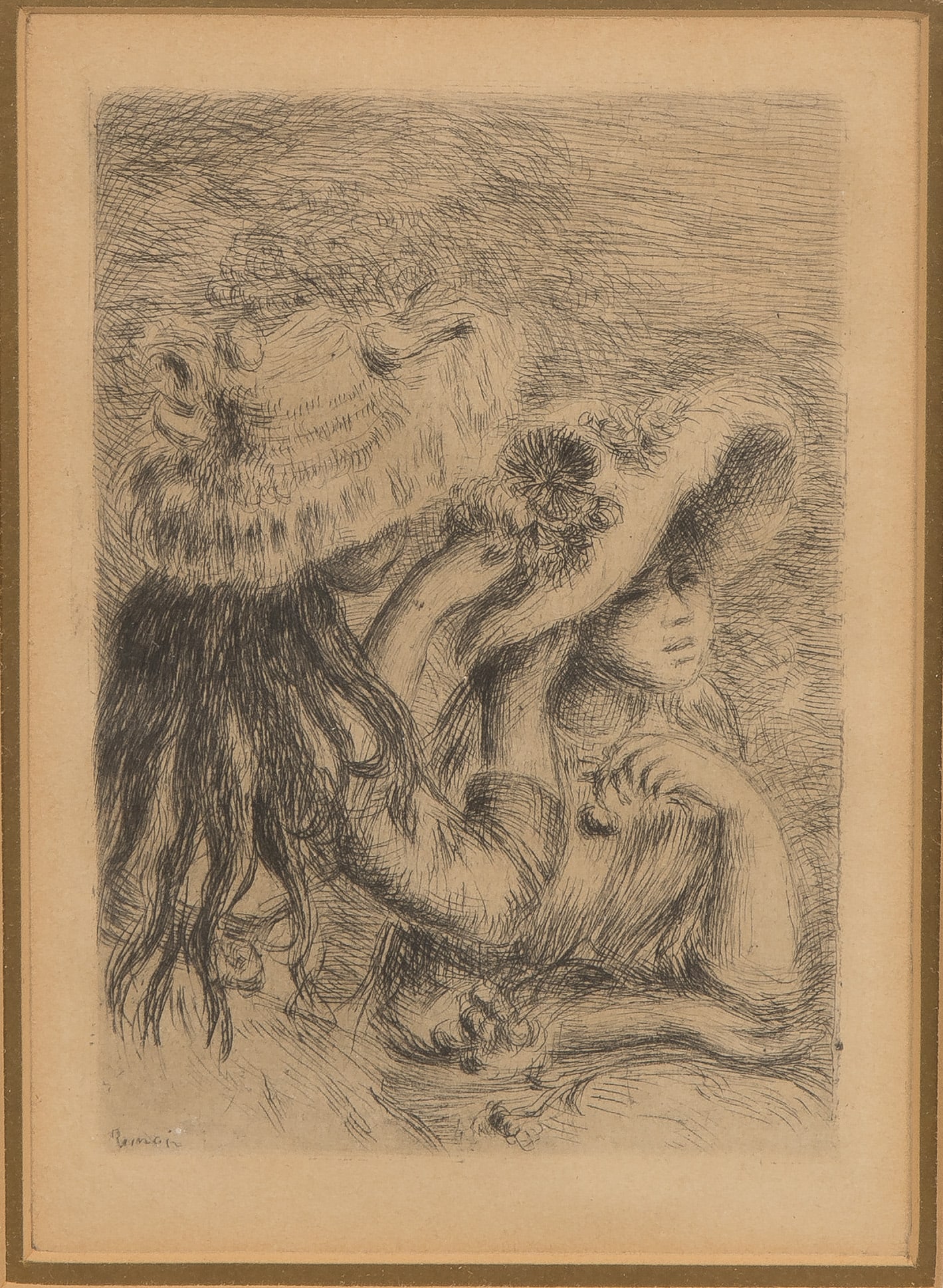 Pierre Auguste Renoir (French, 1841-1919) 'Le Chapeau Epingle' Etching: Pierre Auguste Renoir (French, 1841-1919) 'Le Chapeau Epingle' Etching Undated, printed signature in plate, matted behind acrylic in a painted wood frame having Irving Galleries, Milwaukee, WI foil la