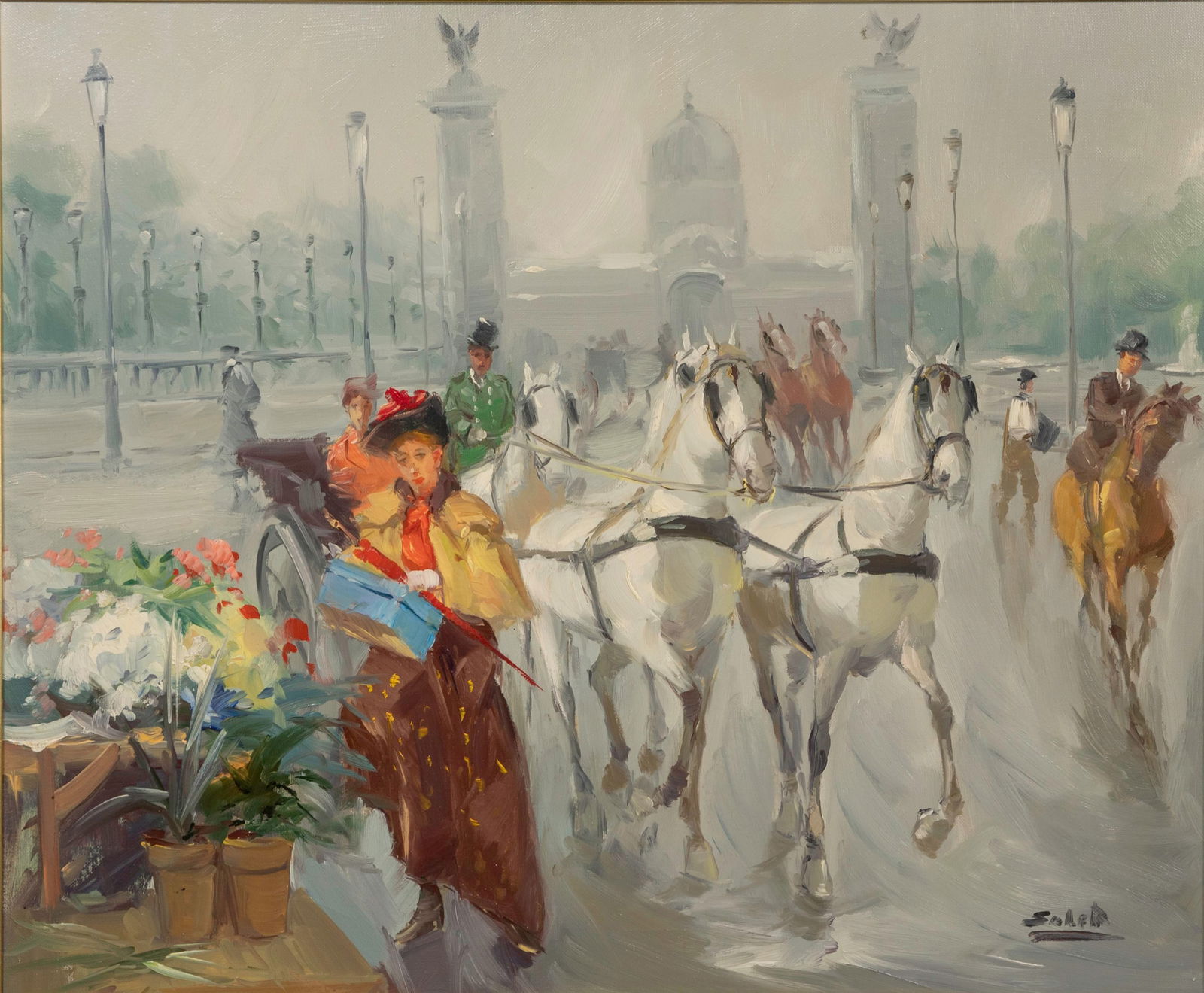 Francisco Soler (Spanish, b.1932) Oil on Canvas: Francisco Soler (Spanish, b.1932) Oil on Canvas Undated, signed lower right, depicting an urban street scene, in a gold-tone composite on wood frame having a linen liner, a Chicago Art Galleries, Evan