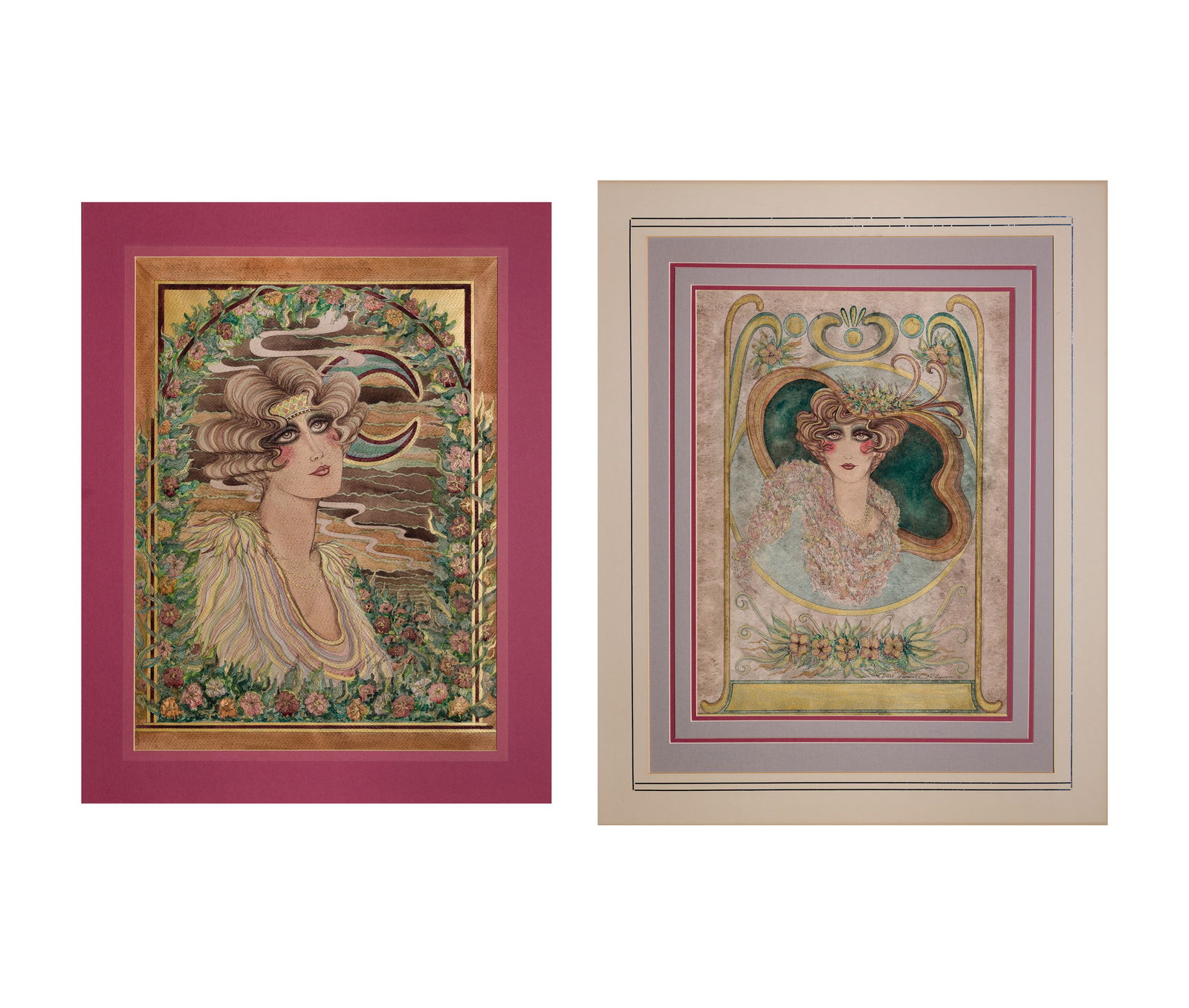 Orlando Agudelo Botero (Columbian, b.1946) Watercolor and Gold Pigment on Paperboard: Orlando Agudelo Botero (Columbian, b.1946) Watercolor and Gold Pigment on Paperboard (2) 1976 signed works, depicting Art Deco style ladies, having mats Property from: an Estate, Racine,