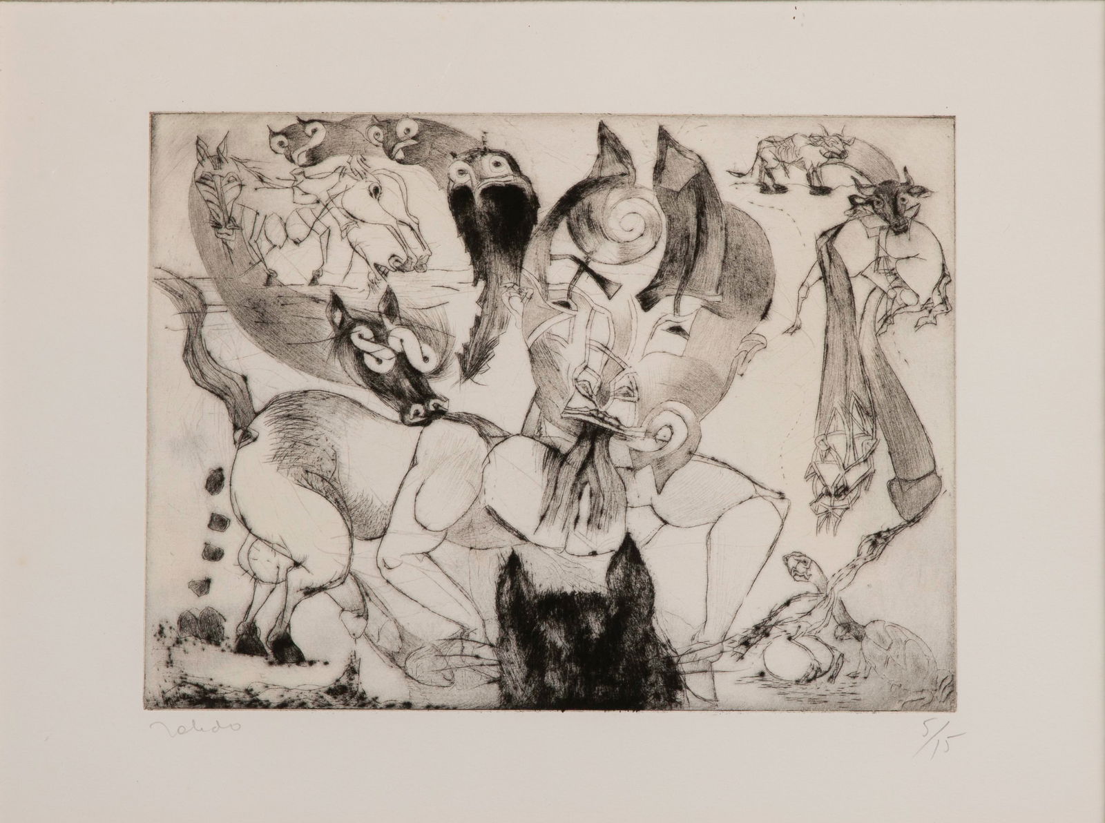 Francisco Toledo (Mexican, 1940-2018) 'Cat on His Back' Drypoint: Francisco Toledo (Mexican, 1940-2018) 'Cat on His Back' Drypoint 1986, pencil signed, #5/15, matted under acrylic in a wood frame, retaining Lopez Quinoga gallery label on back Provenance: