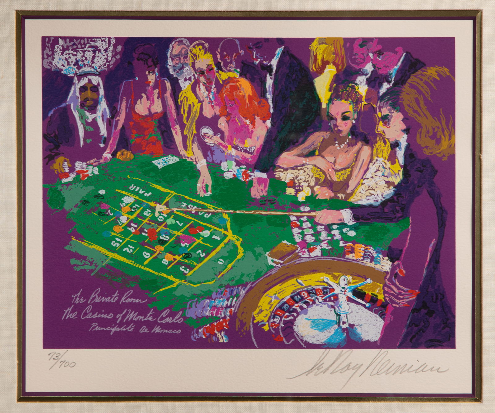 Leroy Neiman (American, 1921-2102) 'The Private Room' Serigraph: Leroy Neiman (American, 1921-2102) 'The Private Room' Serigraph Undated, pencil signed, #73/700, depicting a group at a roulette wheel, in a gold-tone wood frame Property from: a Private