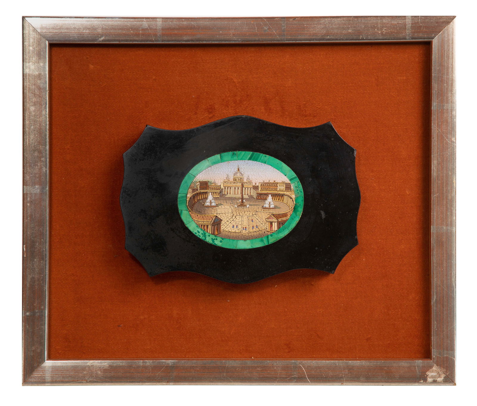 Italian Micro-Mosaic Tile: Italian Micro-Mosaic Tile A view of Saint Peter's Square within a malachite surround in a shaped slate mounted to velvet in a silver-tone wood frame Property from: a Private Collector,