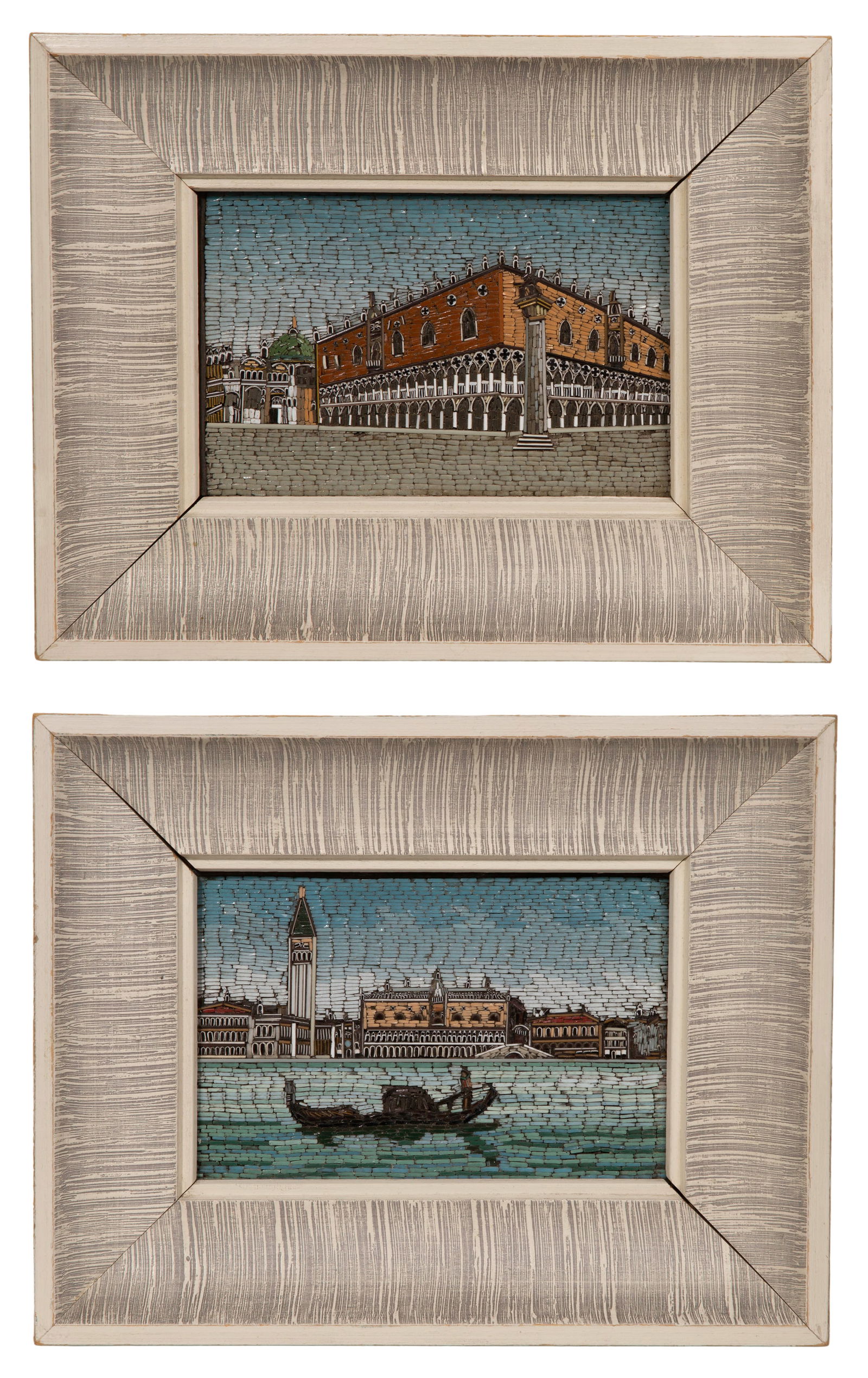 Italian Micro-Mosaic Tiles: Italian Micro-Mosaic Tiles A pair, depicting views of Venice, in painted wood frames Property from: a Private Collector, Rockford, Ilinois Height: 3 3/4 inches, Width: 5 3/4 inches (sight,