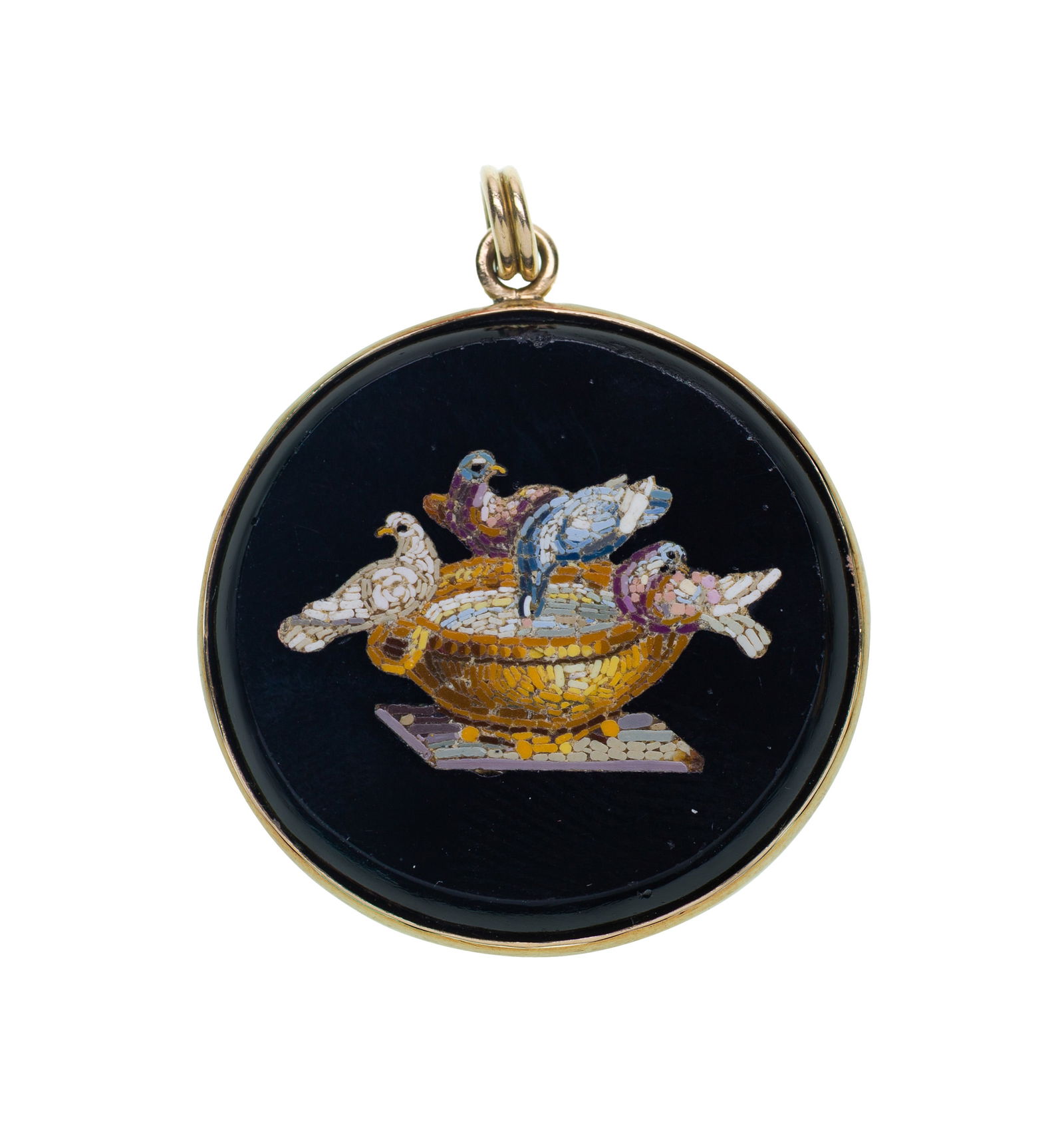 Italian 10k Yellow Gold and Micro-Mosaic Brooch: Italian 10k Yellow Gold and Micro-Mosaic Brooch From the Grand Tour, after the Doves of Pliny on onyx encircled in gold (unmarked 10k) Property from: a Private Collector, Rockford, Ilinois 