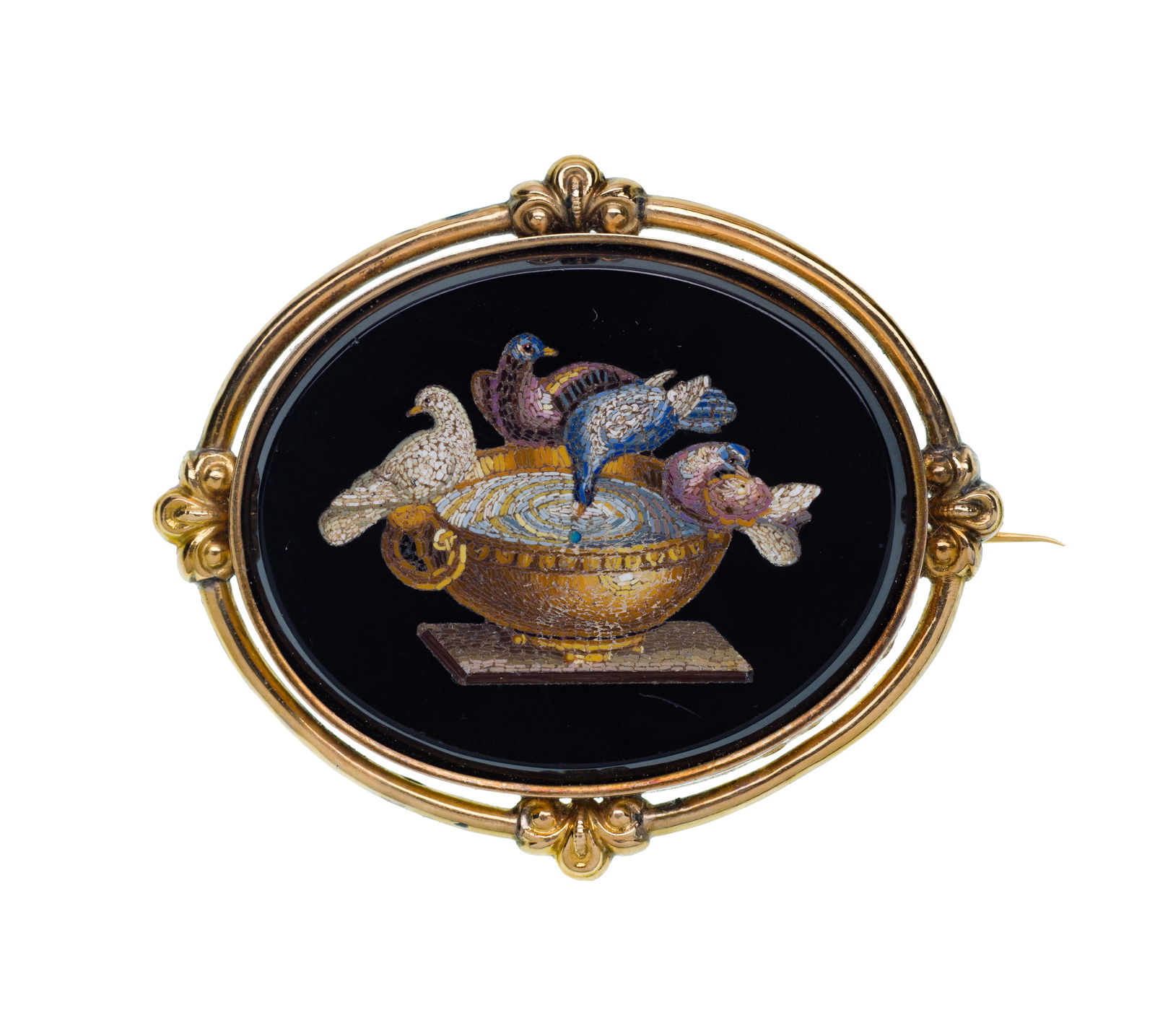 Italian 18k Yellow Gold and Micro-Mosaic Brooch: Italian 18k Yellow Gold and Micro-Mosaic Brooch Depicting the Doves of Pliny on onyx (unmarked 18k gold) Property from: a Private Collector, Rockford, Ilinois Length: 2 1/2 inches, Width: 2