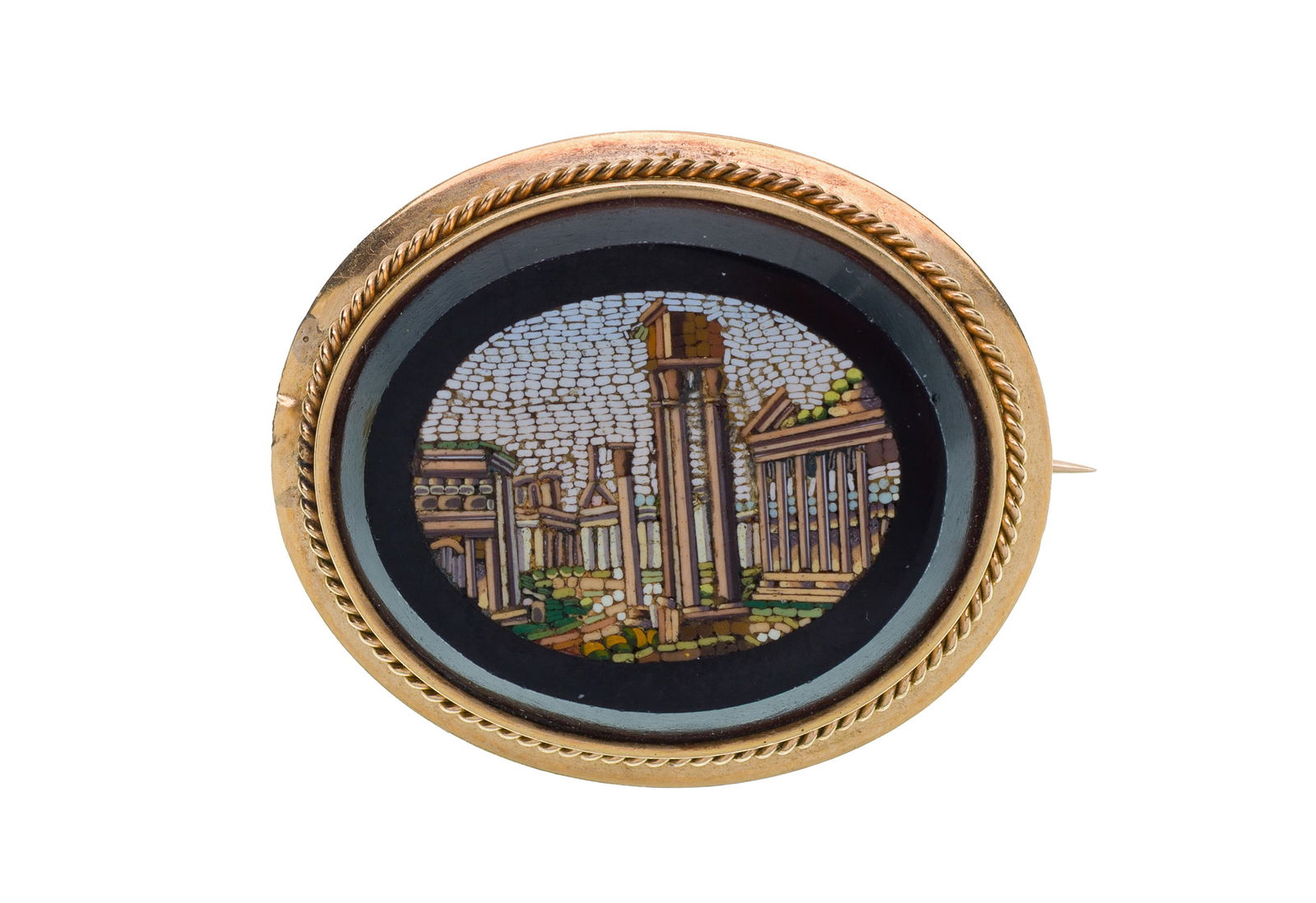 Italian 14k Yellow Gold and Micro-Mosaic Brooch: Italian 14k Yellow Gold and Micro-Mosaic Brooch From the Grand Tour, a classical ruins on onyx encircled in gold (unmarked 14k) Property from: a Private Collector, Rockford, Ilinois Height: