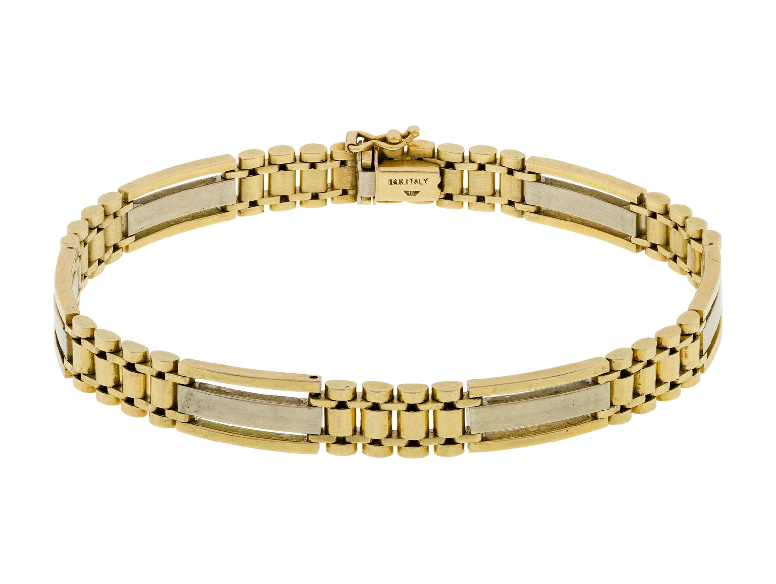 14k Bi-Color Gold Bracelet: 14k Bi-Color Gold Bracelet A rectangular bar and cylinder 0.25-inch wide (marked '14k') Property from: a Private Collector, Rockford, Ilinois Length: 8 3/4 inches Weight: 14k gold: 23.64