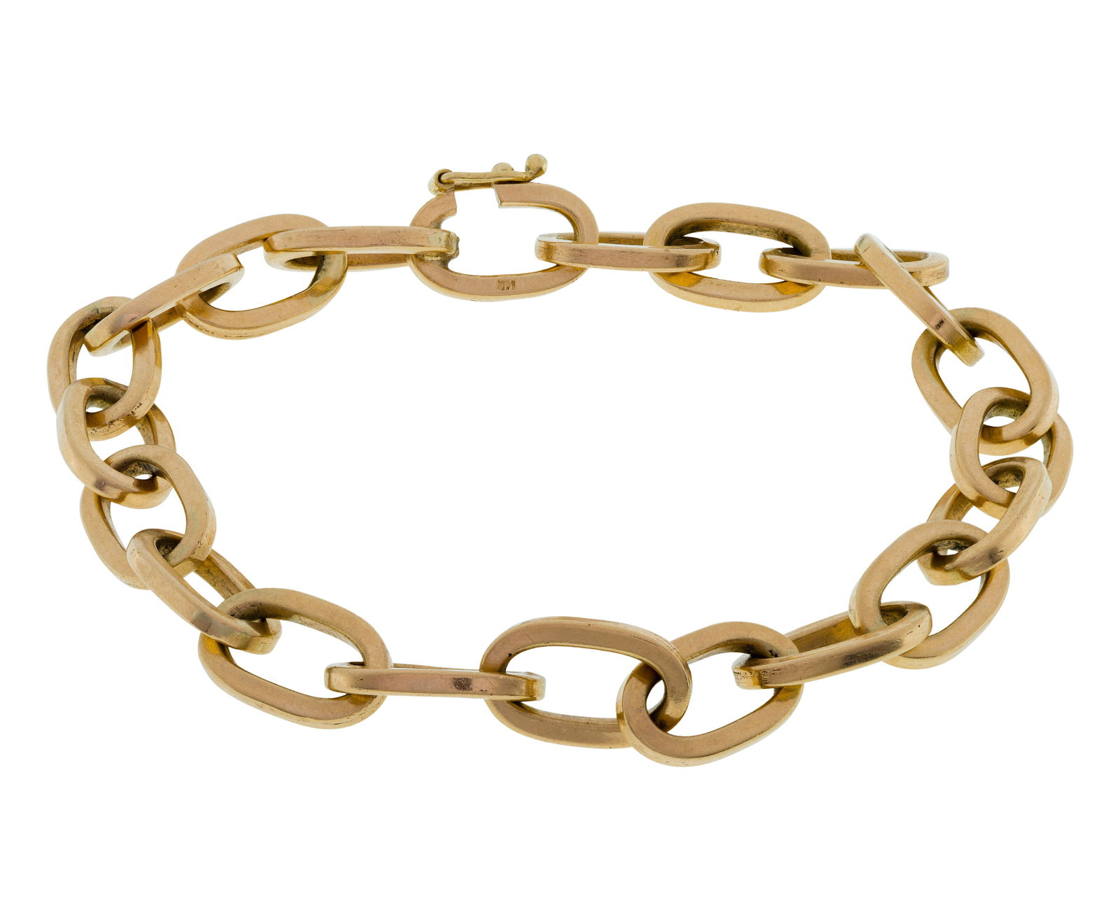 14k Rose Gold Bracelet: 14k Rose Gold Bracelet An oval link style bracelet (marked '14k') Property from: a Private Collector, Rockford, Ilinois Length: 8 1/2 inches Weight: 14k gold: 20.46 dwts. (total) 