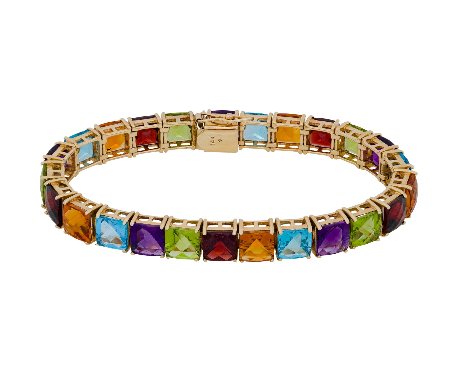 14k Yellow Gold and Gemstone Bracelet: 14k Yellow Gold and Gemstone Bracelet A multi-colored gemstone tennis style bracelet (marked '14k') Property from: a Private Collector, Rockford, Ilinois Length: 7 inches Weight: 14k gold: