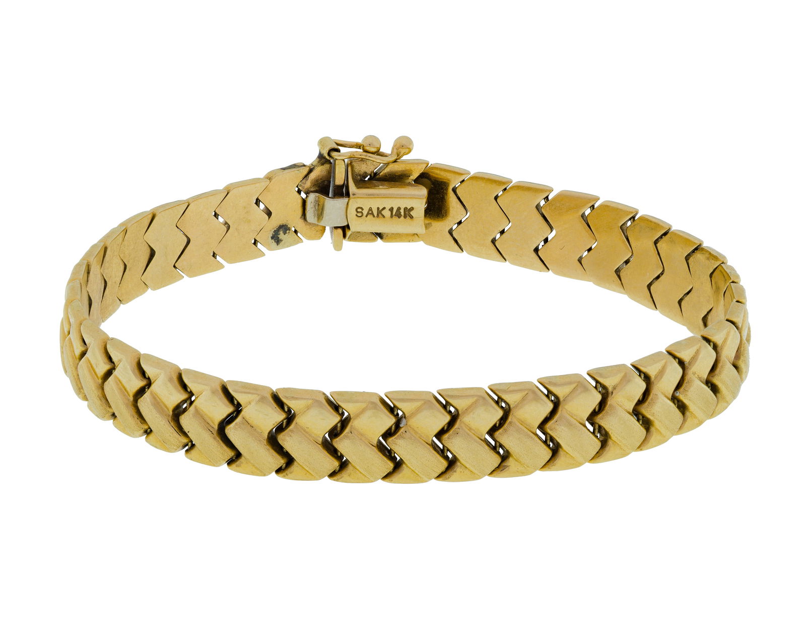 14k Yellow Gold Bracelet: 14k Yellow Gold Bracelet Having a chevron link, 0.375-inch wide (marked '14k') Property from: a Private Collector, Grayslake, Illinois Length: 7 inches Weight: 14k gold: 8.02 dwts. (total) 