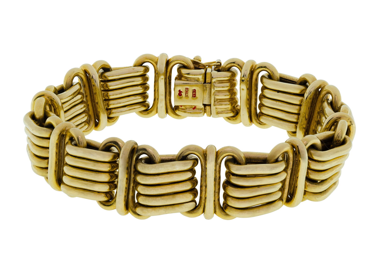 Italian 14k Yellow Gold Bracelet: Italian 14k Yellow Gold Bracelet A woven oval link bracelet, 0.75-inch wide (marked '14k') Property from: a Private Collector, Rockford, Ilinois Length: 8 inches Weight: 14k gold: 31.80