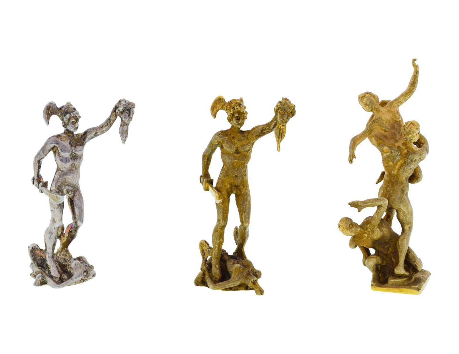 14k Yellow Gold and Sterling Silver Miniature Figurine Assortment: 14k Yellow Gold and Sterling Silver Miniature Figurine Assortment (3) items in miniature, all depicting Renaissance sculptures based on the works of Giambologna (two unmarked 14k gold, one
