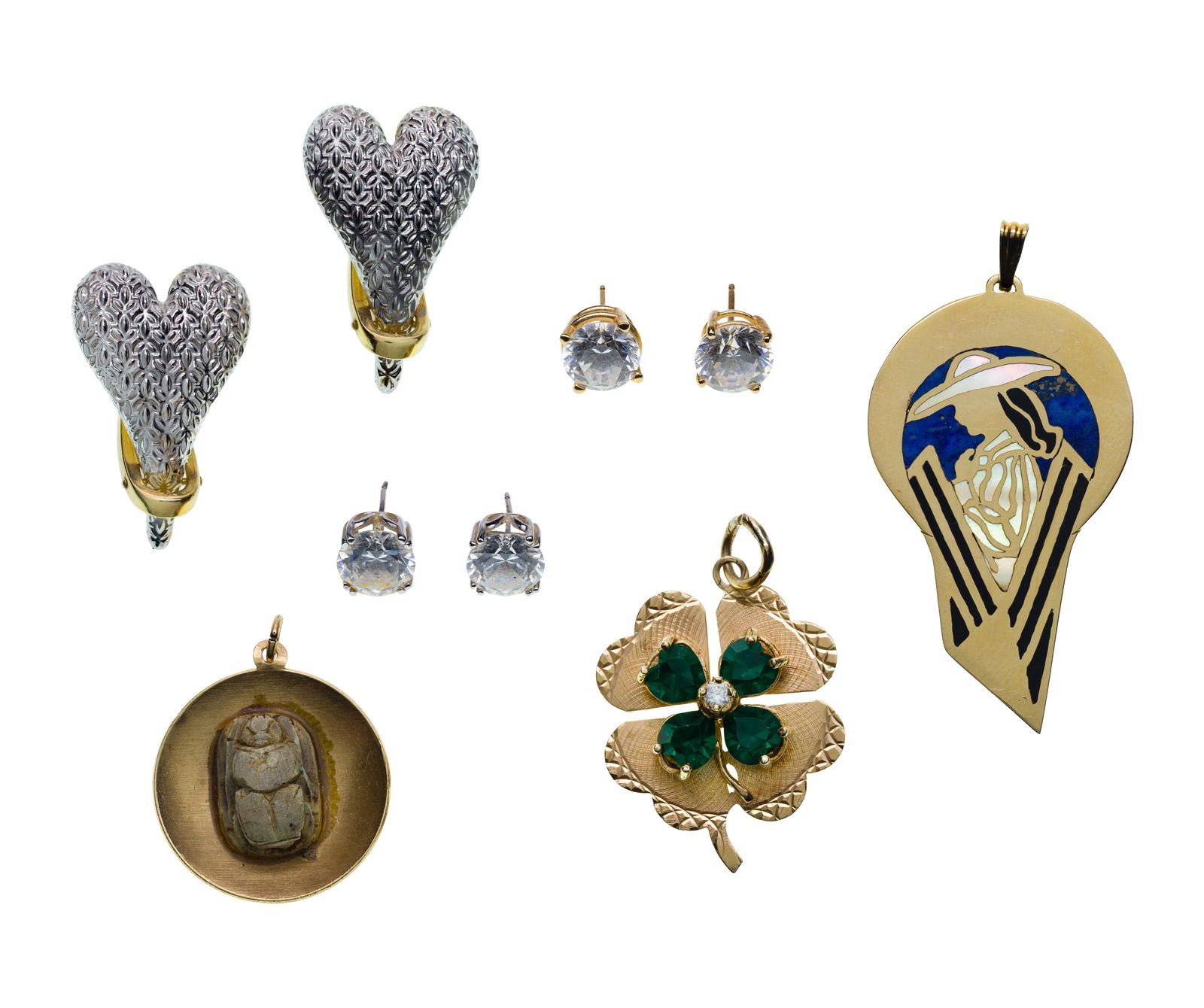 14k Gold Charm and Earring Assortment: 14k Gold Charm and Earring Assortment (6) items including (3) pairs of pierced earrings and (3) charms (marked '14k' / '585') Property from: a Private Collector, Rockford, Ilinois Length: 2