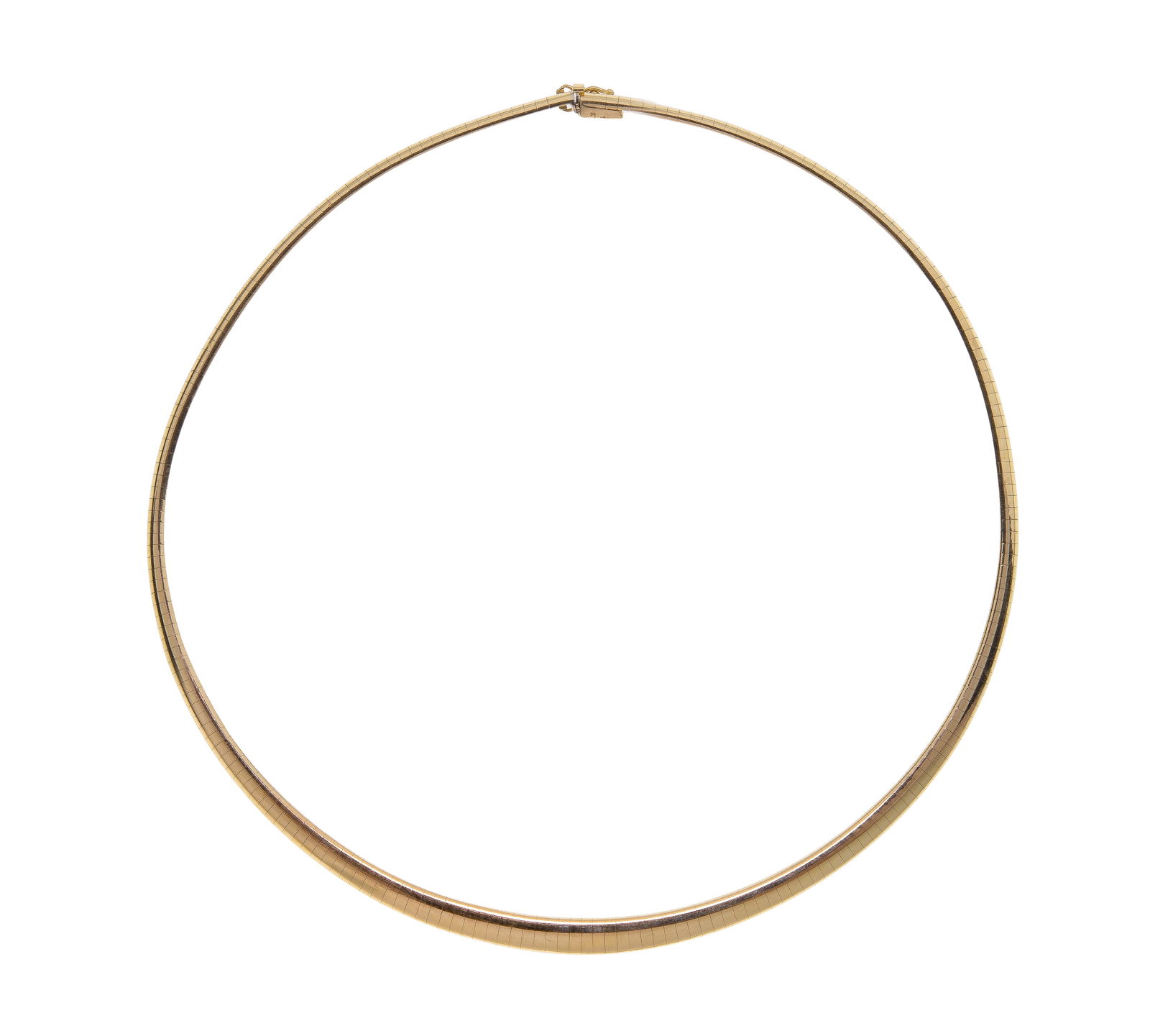 14k Yellow Gold Omega Necklace: 14k Yellow Gold Omega Necklace Having a herringbone pattern, 0.25-inches at widest point (marked '14k') Property from: a Private Collector, Grayslake, Illinois Length: 16 inches Weight: 14k