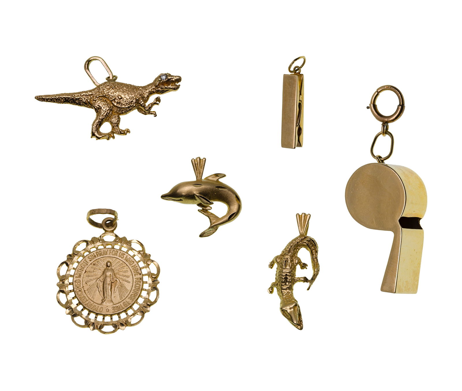 14k Yellow Gold Pendant / Charm Assortment: 14k Yellow Gold Pendant / Charm Assortment (6) items including (3) pendants and (3) charms (marked '14k' / '585') Property from: a Private Collector, Rockford, Ilinois Length: 2 inches,