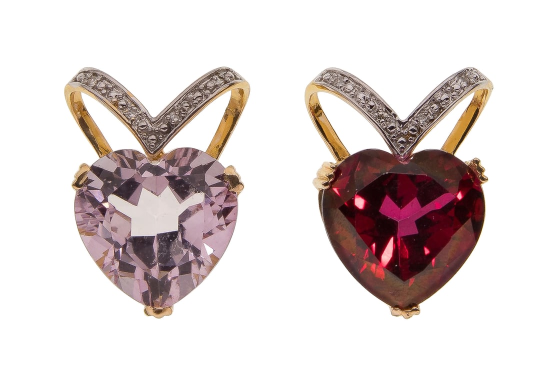 14k Yellow Gold, Gemstone and Diamond Pendants: 14k Yellow Gold, Gemstone and Diamond Pendants (4) total items including (2) slide style pendants having heart-shaped cut gemstones and diamond accents (marked '14k'); together with (2) cord