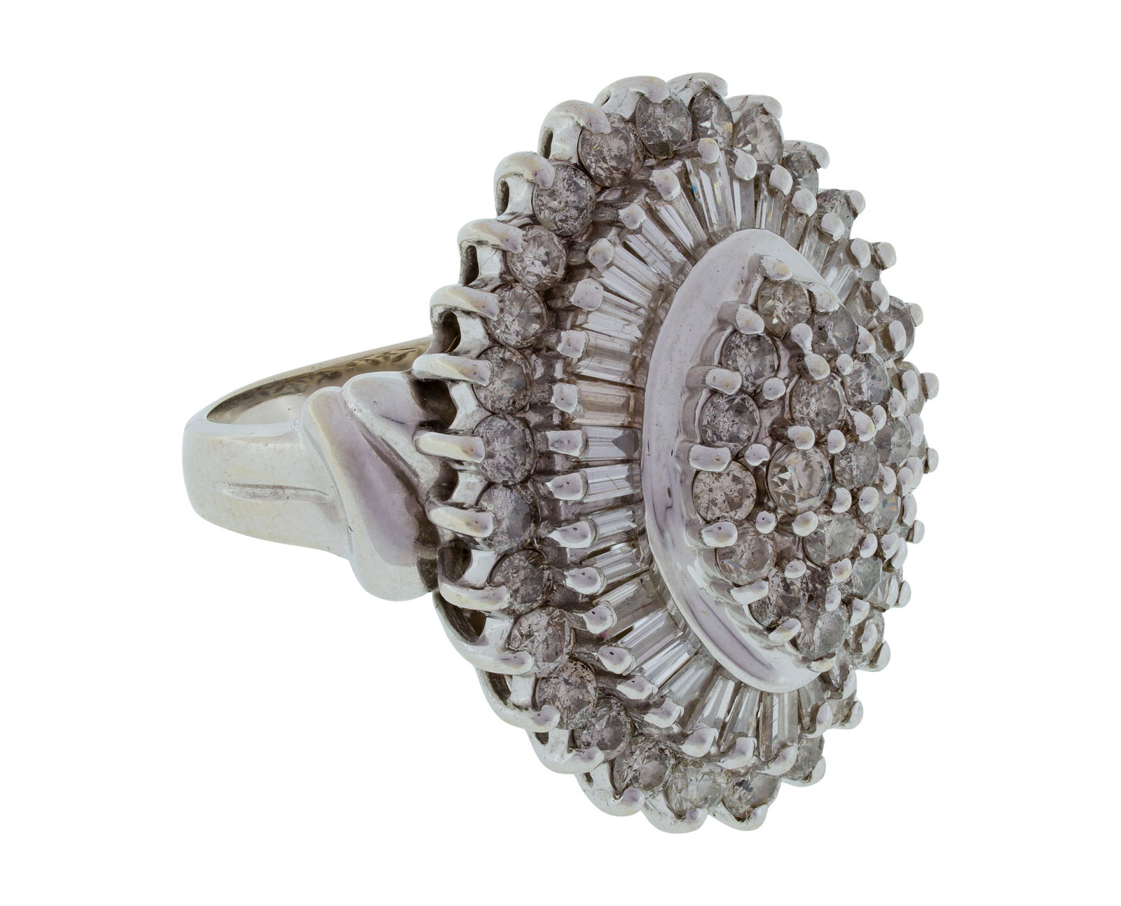14k White Gold and Diamond Ring: 14k White Gold and Diamond Ring A cathedral / cluster setting having a marquise shaped diamond accented center surrounded by two steps of baguette and round cut diamonds, weighing approximately