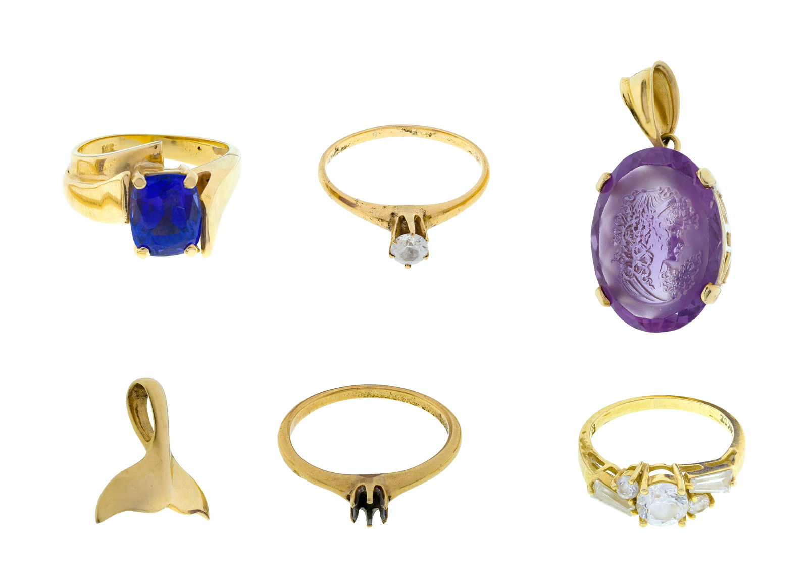 14k Yellow Gold Jewelry Assortment: 14k Yellow Gold Jewelry Assortment (6) items including (3) rings having gemstones, a ring setting and (2) pendants consisting of a whale tail fin and an intaglio amethyst (all marked '14k') Property f