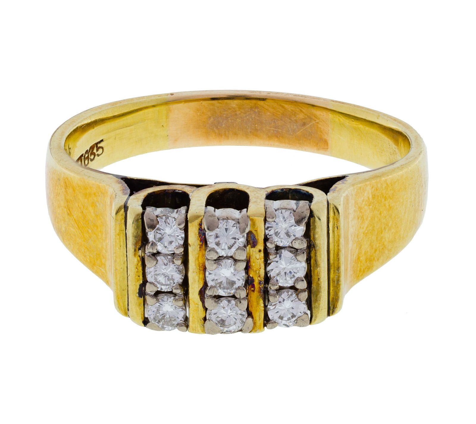18k Yellow Gold and Diamond Ring: 18k Yellow Gold and Diamond Ring A raised bead setting having three rows of three round cut diamond (marked '18k') Property from: a Private Collector, Rockford, Ilinois Size: 11 Weight: 18k