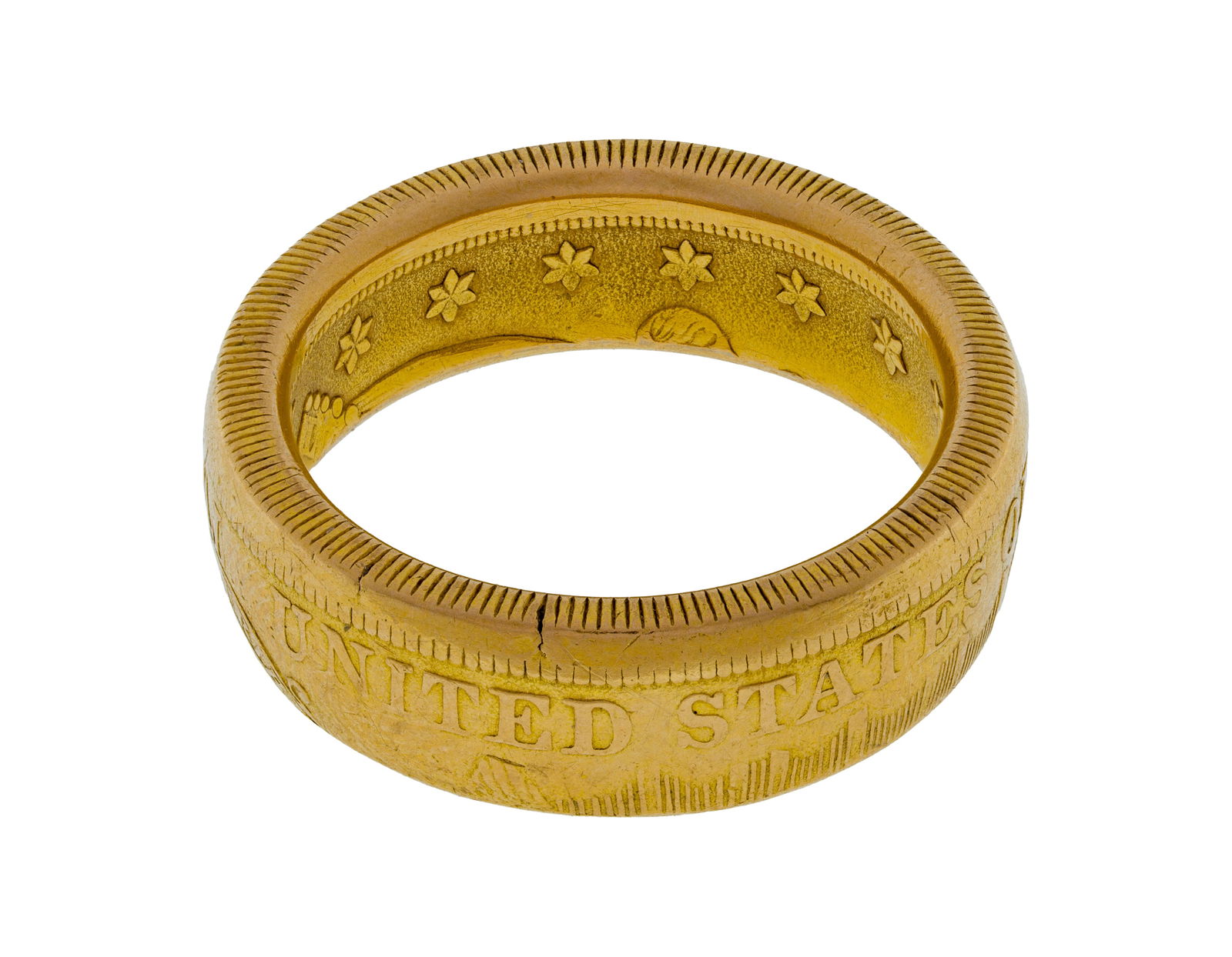 22k Yellow Gold Band Ring: 22k Yellow Gold Band Ring A manipulated coin made into a band style ring (unmarked 22k gold) Property from: a Private Collector, Rockford, Ilinois Size: 11 Weight: 22k gold: 14.45 dwts. (total)