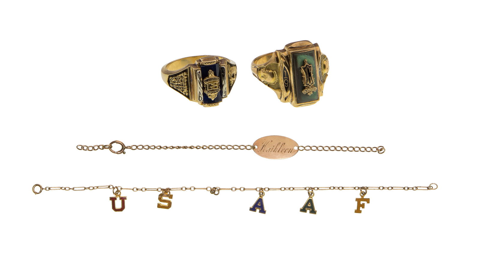 10k Yellow Gold Jewelry Assortment: 10k Yellow Gold Jewelry Assortment Including (2) class rings, a monogram signet bracelet and a bracelet having letter charms (all marked '10k') Property from: a Private Collector, Glenview,