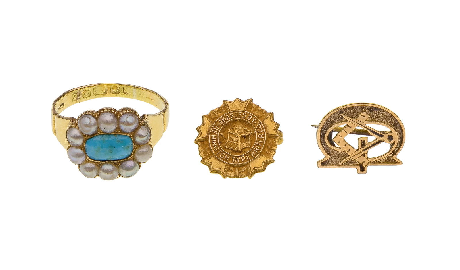 18k Yellow Gold, Pearl and Turquoise Ring: 18k Yellow Gold, Pearl and Turquoise Ring Having an oval cut cabochon center stone encircled by pearls (marked '18k'); together with service pins including a Masonic and a Remington Typewriter