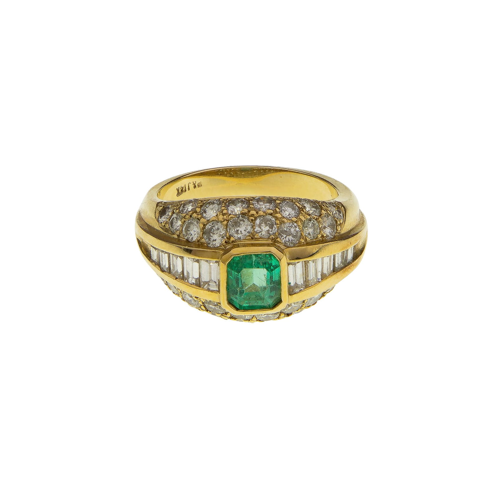 P&J 14k Yellow Gold, Emerald and Diamond Ring: P&J 14k Yellow Gold, Emerald and Diamond Ring A dome style ring having an emerald cut emerald flanked on each side by a row of baguette cut diamonds, the curve of the dome accented with round cut