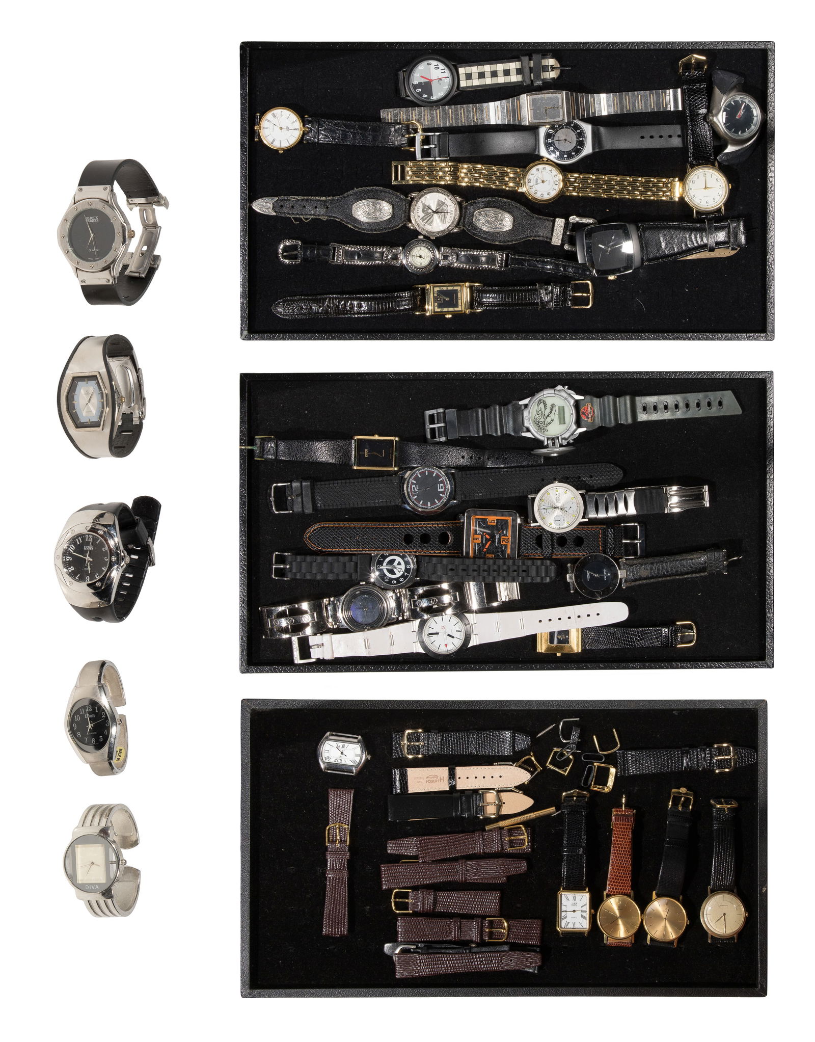 Wristwatch Assortment: Wristwatch Assortment Approximately (30) items including examples by Junevia, Concord, Jaz and Hamiliton as well as watch parts / pieces, most having quarts movements Property from: a Private